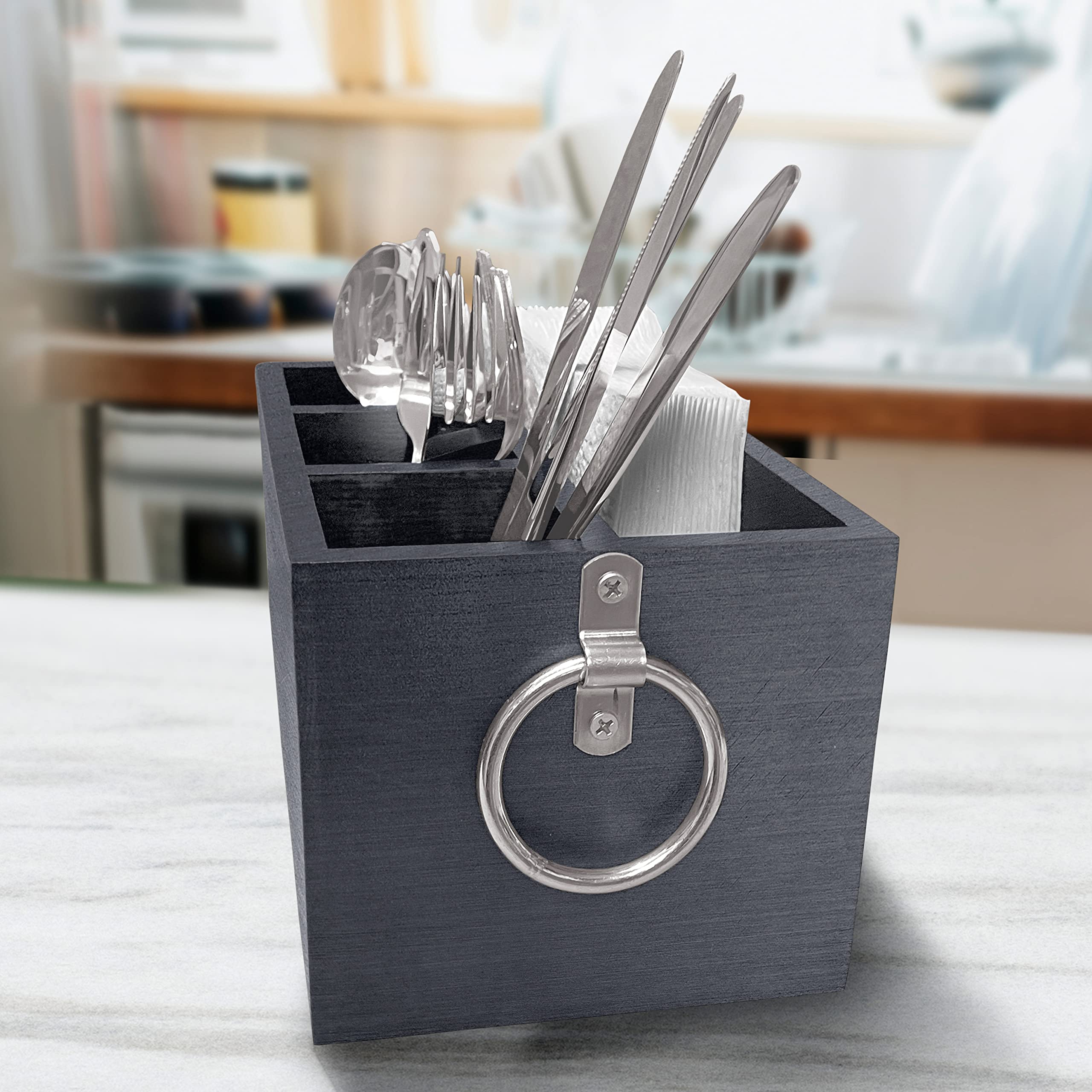 Wooden Utensil Storage Box & Kitchen Organizer - Engraved Farmhouse Silverware Caddy for Flatware & Cooking Tools | Perfect for Farmhouse Kitchens, Housewarming Gifts & Countertop Organization