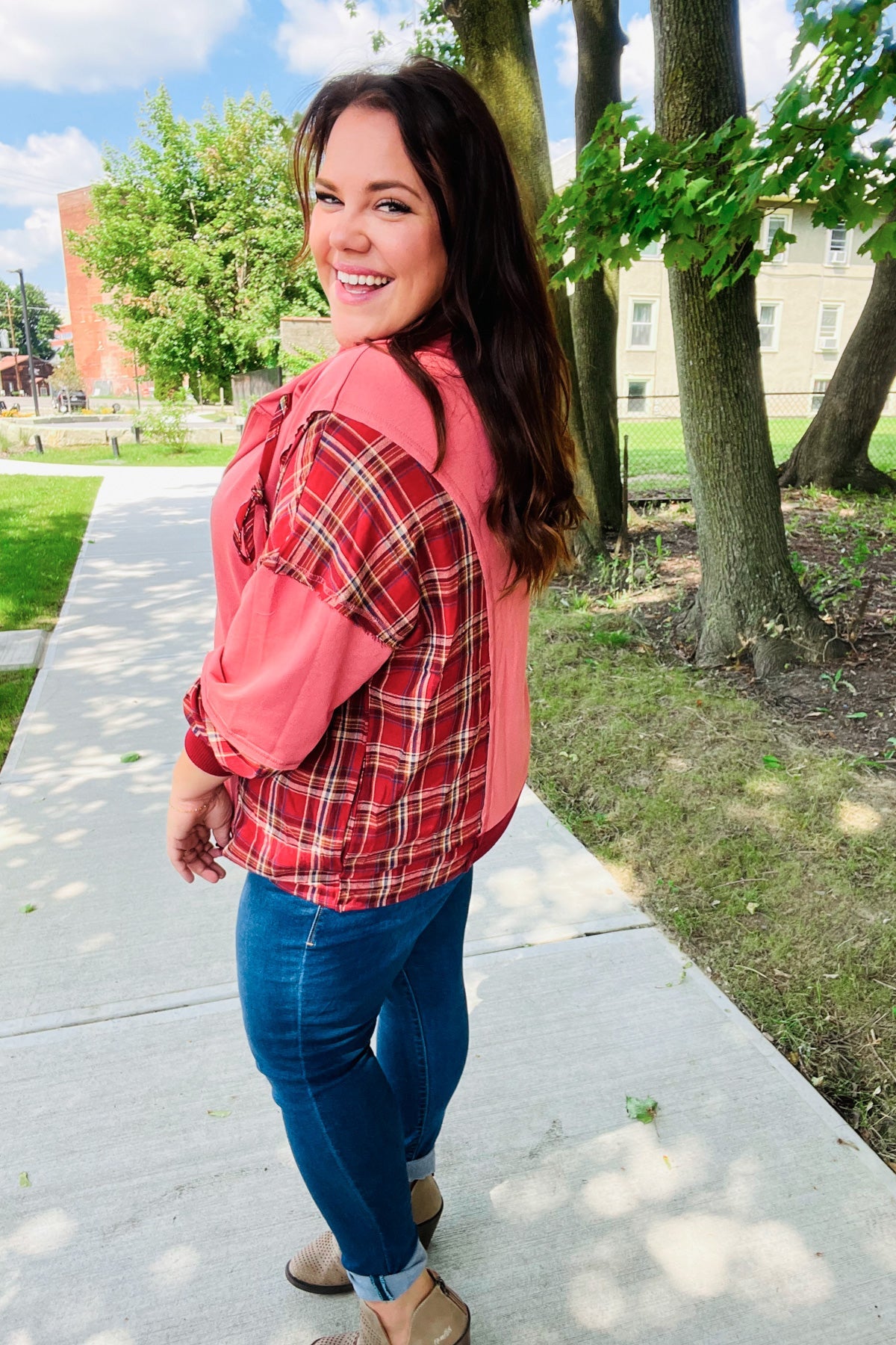 Stylish Marsala Plaid Color Block Zipper French Terry Hoodie for Women | Cozy Fall & Winter Outerwear | Perfect for Casual Outings, Lounge Wear and Street Fashion