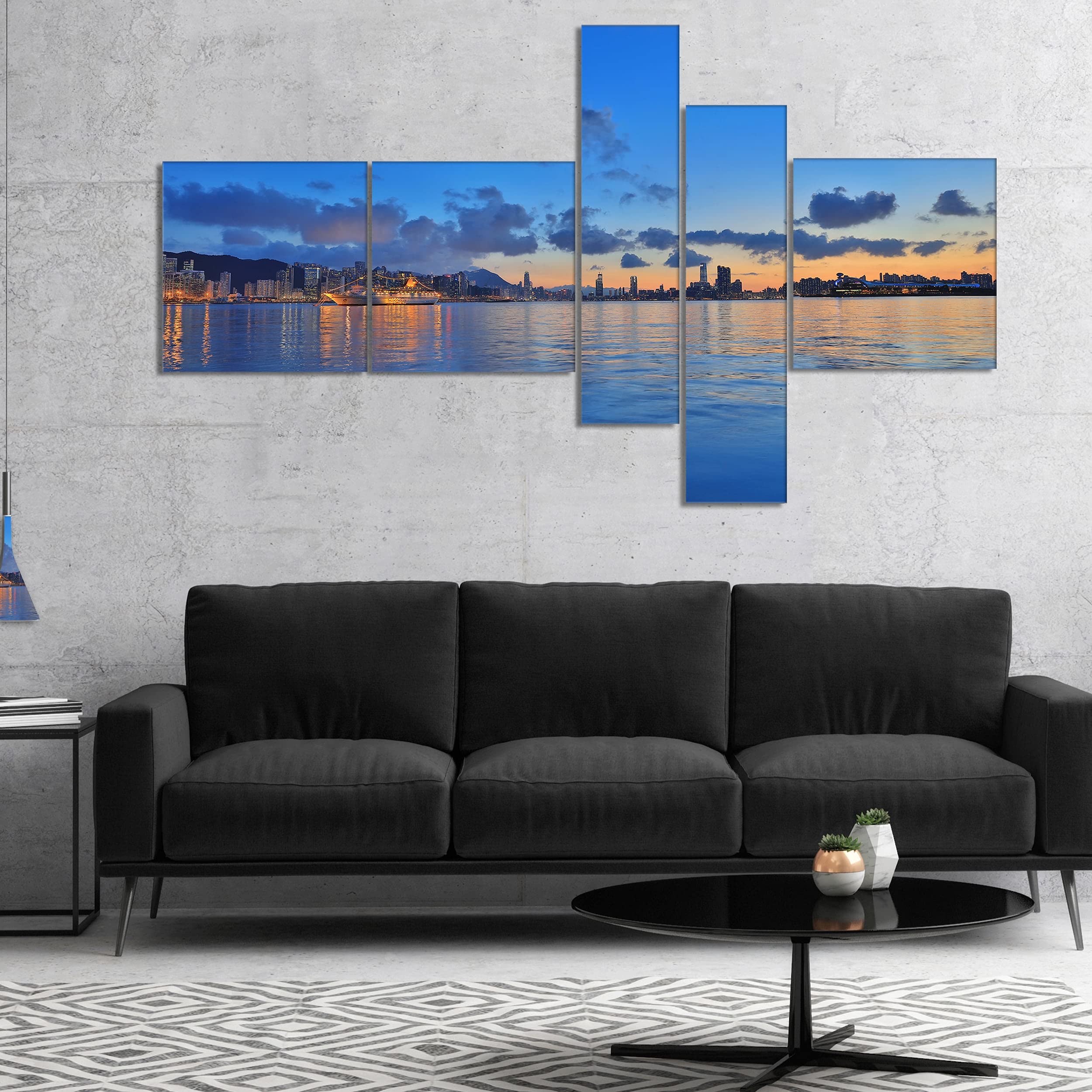 DESIGN ART 'Hong Kong Skyline at Summer Night' Abstract Canvas Wall Art - 60x32 Inches Wide 4-Panel Set for Living Room, Bedroom & Office Decor