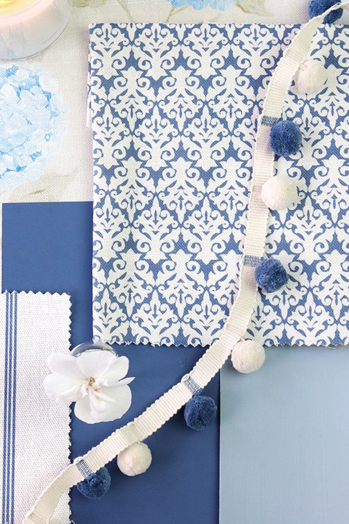 French Blue & Ivory Pom Pom Trim - Elegant Decorative Trim for DIY Crafts, Home Decor, and Fashion Accessories | Perfect for Scarf Edges, Pillows, and Clothing Embellishments