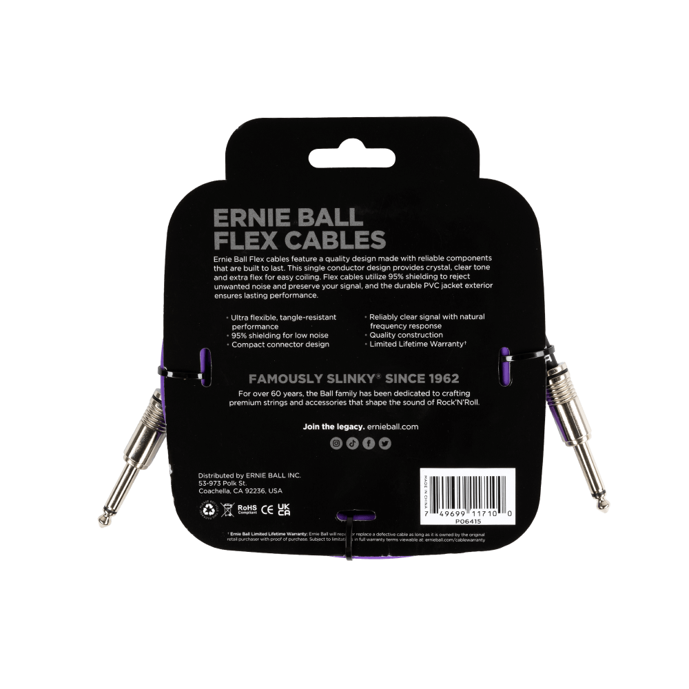 Ernie Ball 10Ft Purple Flex Instrument Cable - Straight to Straight Connector for Guitar, Bass & Keyboards | Durable & High-Quality Audio Cable for Live Performances & Studio Recording