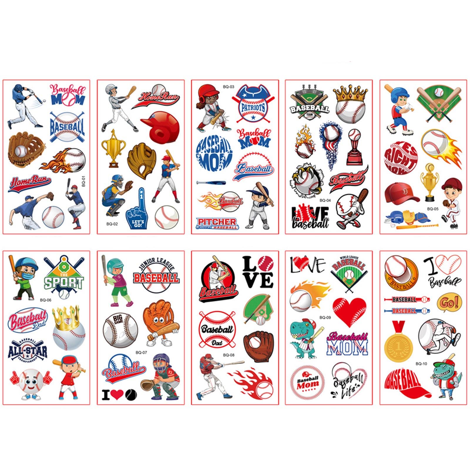 10 Sheets Baseball Game Temporary Tattoos for Kids - World Cup, European Cup Decoration - Cartoon Baseball Theme Stickers for Face & Body - Perfect for Parties, Sports Events & Holiday Celebrations