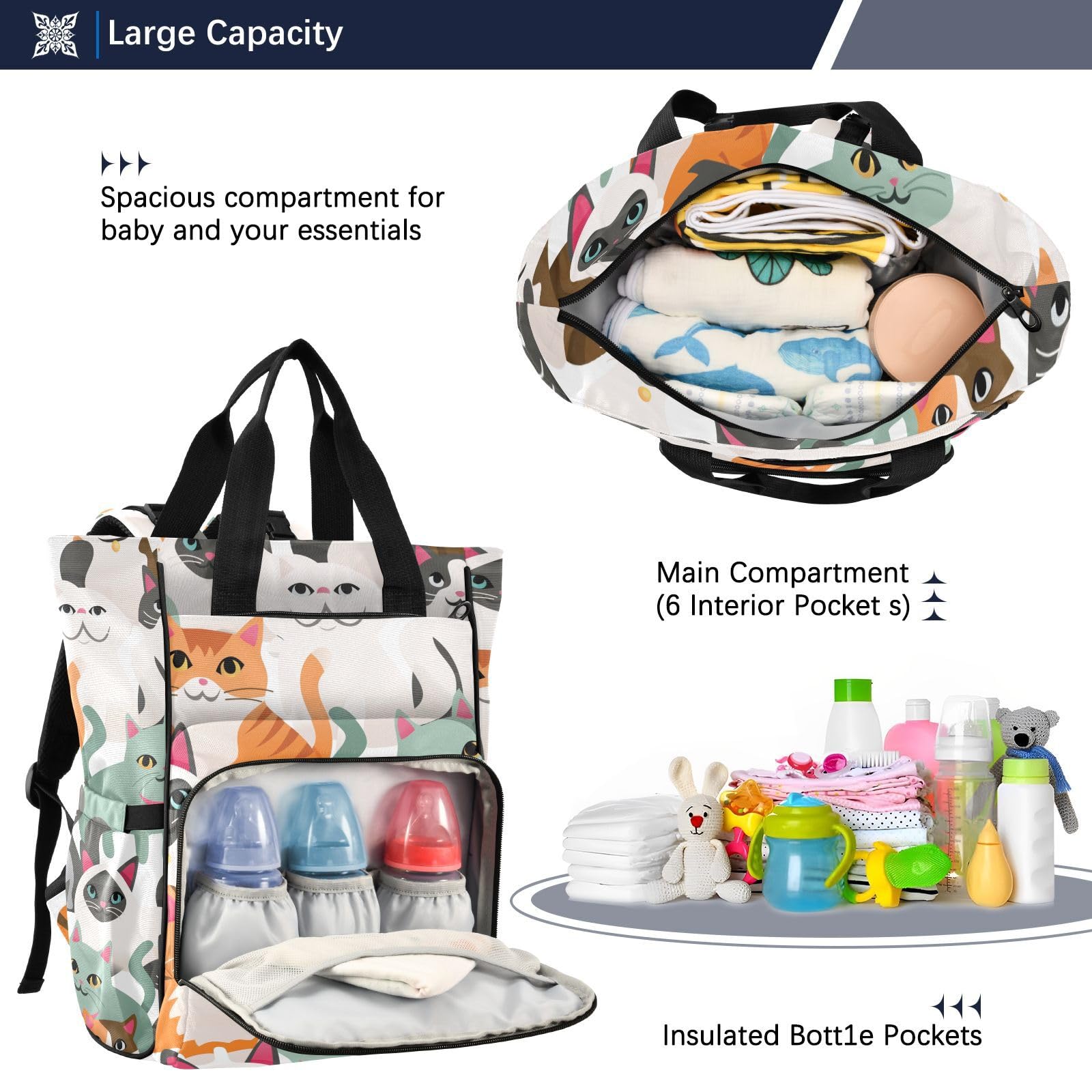 SPRIPORT Cat & Kitten Diaper Backpack for Baby Boys & Girls - Travel Tote with Stroller Straps, Bottle Storage & Changing Pad | Maternity Baby Bag for Moms & Dads | Perfect for Baby Showers, Travel, Shopping & Hiking | Ideal for On-the-Go Parents & Pet Owners