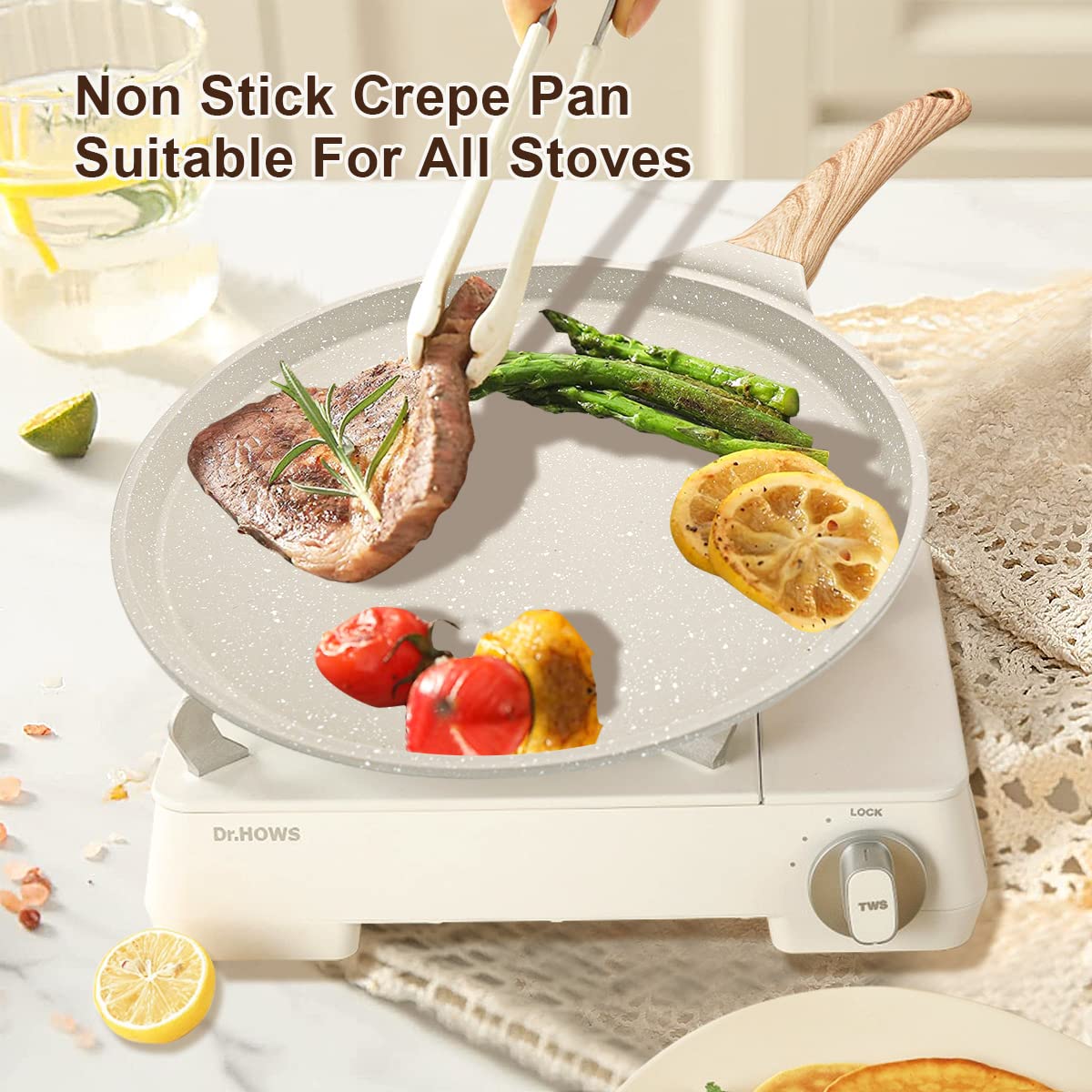 8 Inch Nonstick Crepe Pan with Spreader - Roti, Dosa, Tortilla, Tawa Flat Griddle Pan - Induction Compatible - Perfect for Indian Cooking, Breakfast Crepes & Mexican Cuisine - White