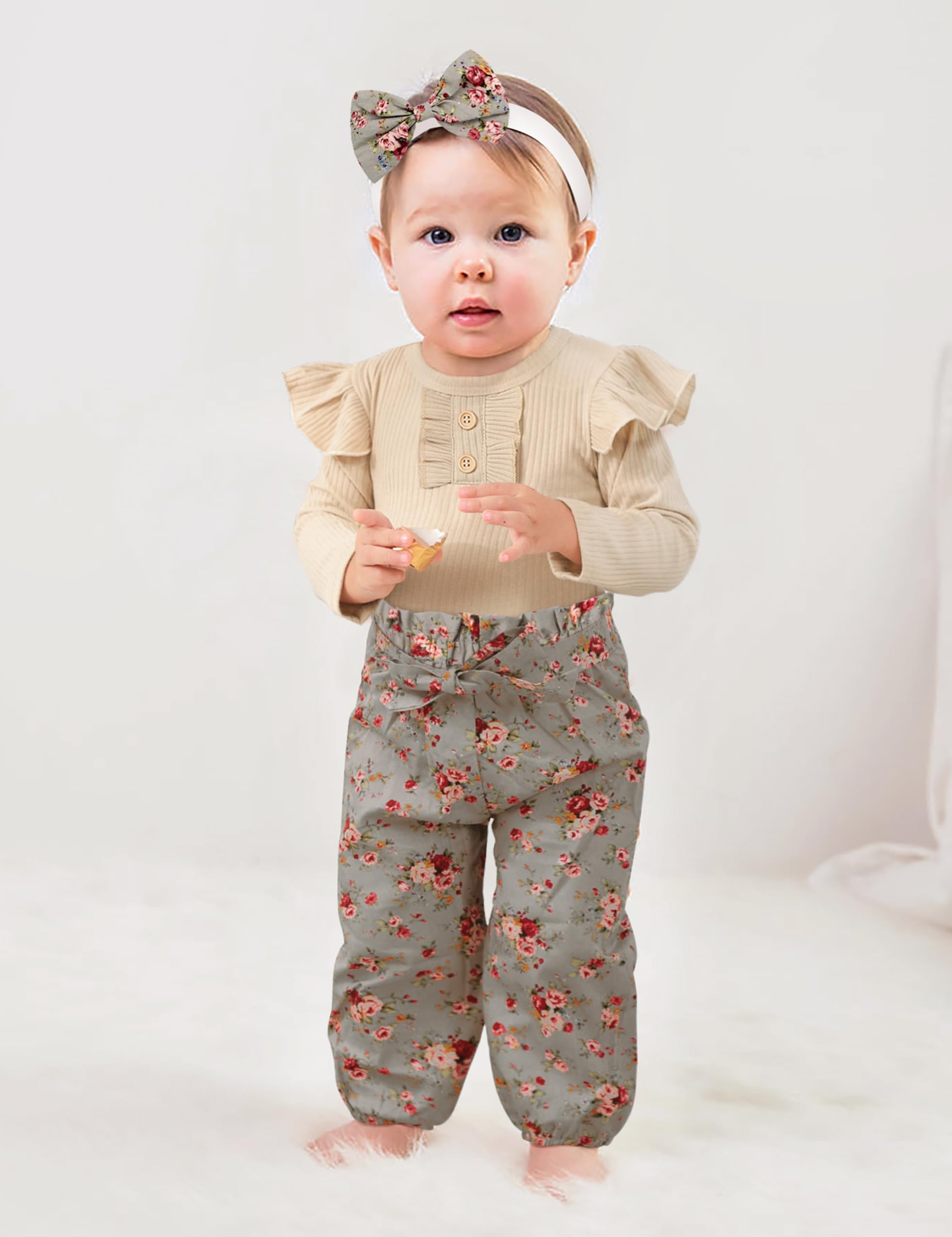 Adorable Newborn Baby Girl Outfit Set - Ribbed Ruffle Sleeve Romper + Floral Pants + Headband (3Pcs) | Soft Cotton Infant Clothes for Photoshoot, Birthday Party & Special Occasions