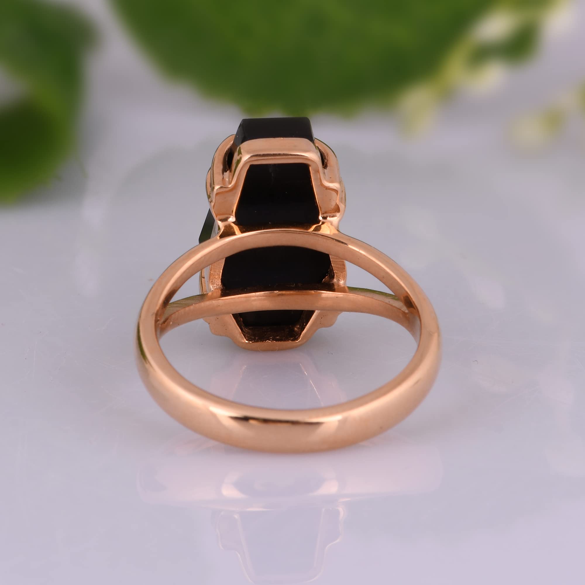 Black Onyx Gemstone Ring - Coffin Design Statement Ring in Solid 925 Sterling Silver | Evil Eye Protection Jewelry | Stackable Silver Ring for Women (Rose Gold Plated, Size 4.5) | Perfect for Gothic Fashion, Witchy Aesthetic & Everyday Wear