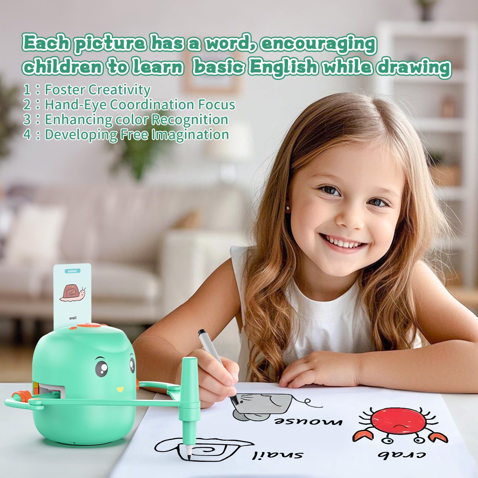 Interactive Educational Drawing Robot for Kids - Montessori Learning Toy with 100 Word Cards, Voice Interaction, STEM Gift for Boys & Girls Ages 5+ (Green) - Perfect for Homeschooling, Classroom Activities & Creative Play