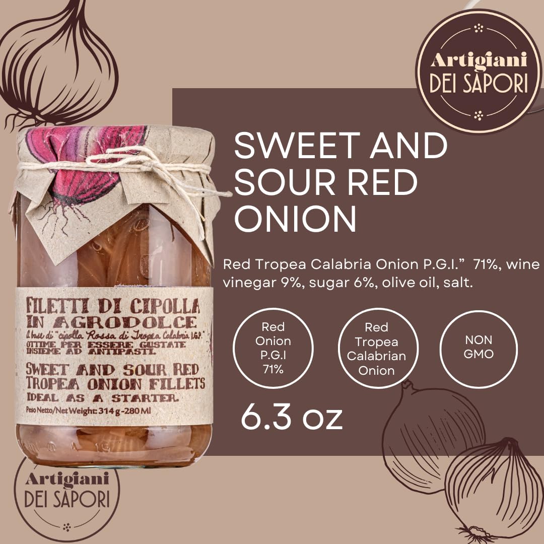 ARTIGIANI DEI SAPORI - Premium Calabrian Red Tropea Onions 6.3 oz | Sweet & Sour Italian Red Onions | Product of Italy | Perfect for Salads, Sandwiches & Gourmet Cooking