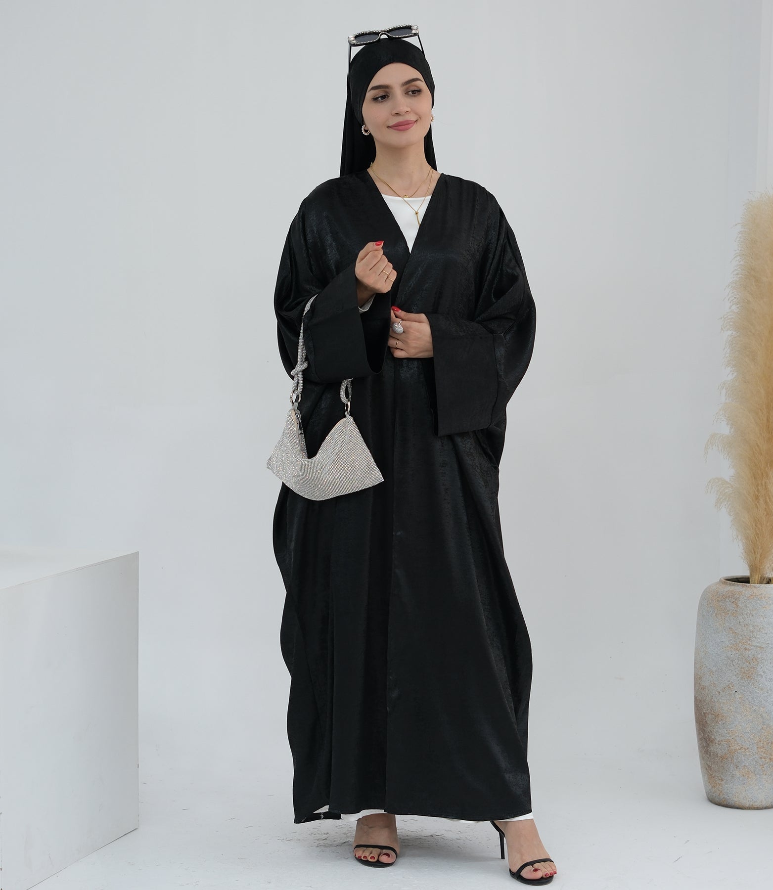 Draya Shimmer Kimono Open Abaya - Elegant Black Muslim Dress for Women | Perfect for Prayer, Evening Wear, and Special Occasions