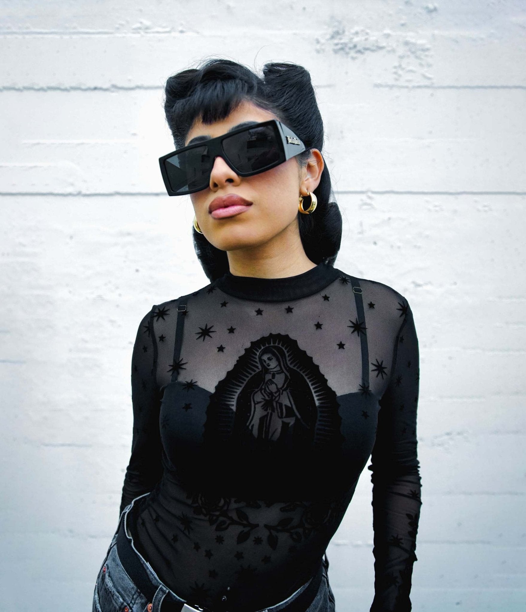 Stylish Black Mesh Virgin Mary Crop Top - Trendy Religious Fashion for Women | Perfect for Church, Festivals & Everyday Wear