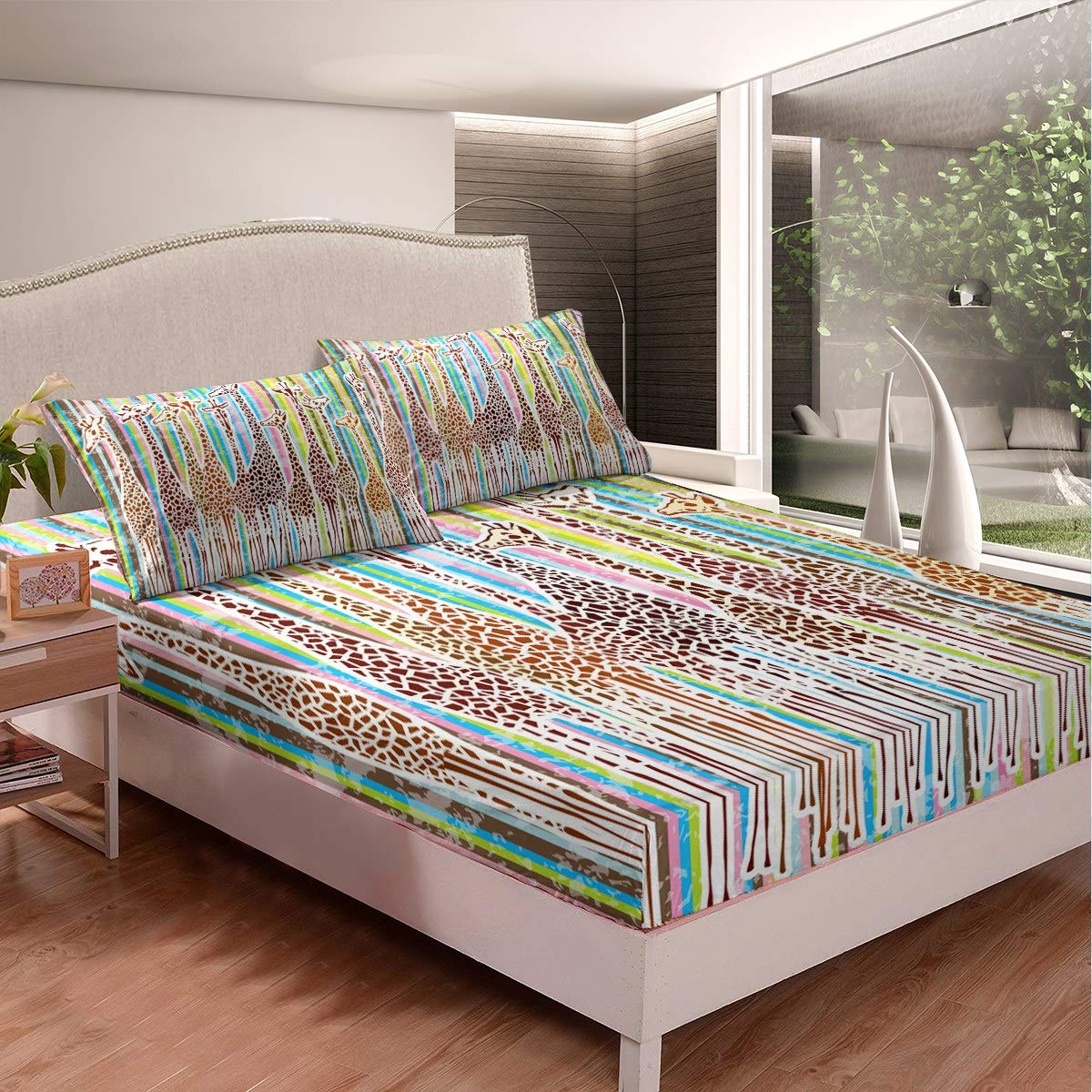 Zoo Animal Theme Giraffe Bed Sheet Set - Colorful Stripe Microfiber Fitted Sheet for Kids & Children's Room Decor - Wildlife Design Bedding for Boys & Girls - Queen Size Bed Cover for Nursery & Kids Bedroom