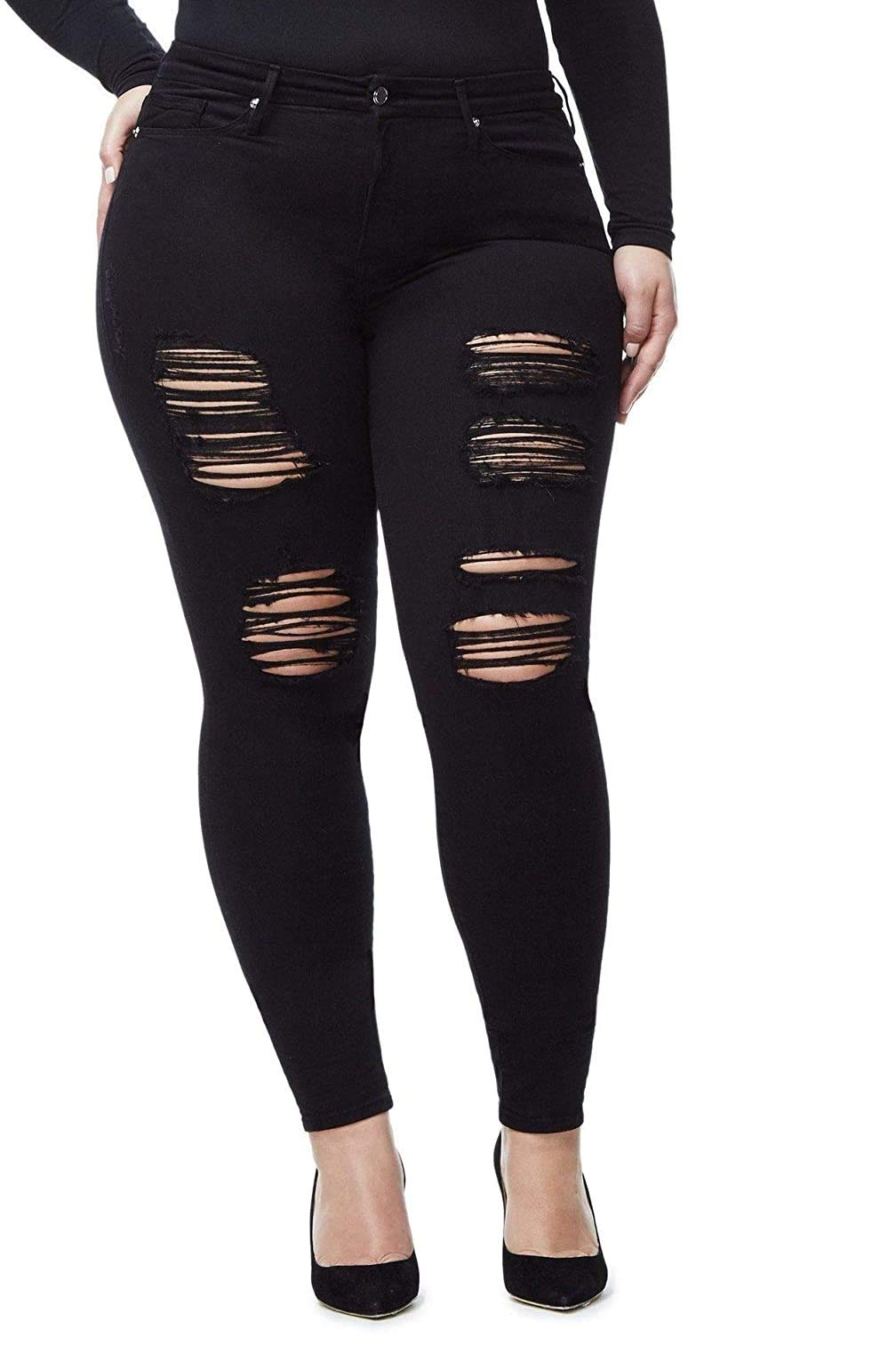 Jack & David Women's Plus Size Stretch Distressed Ripped Blue Skinny Jeans - Comfortable High Waisted Denim Pants for Casual Wear & Everyday Outfits