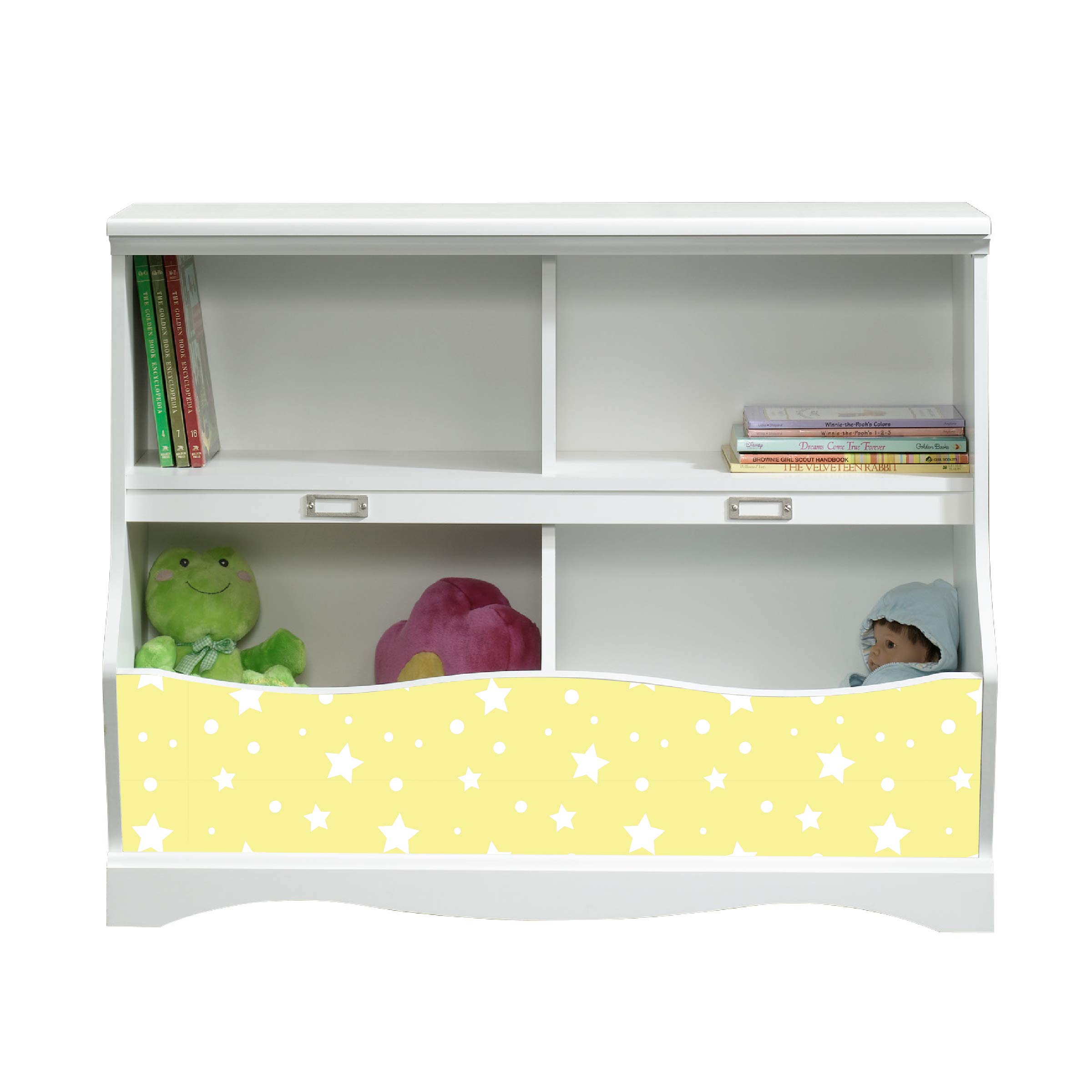 LifeSong Milestones Bookcase Footboard with Cubbyhole - Kids Book & Toy Storage Organizer for Nursery, Playroom & Bedroom - Soft White Finish with Yellow Stars - Perfect for Kids' Room Organization & Toy Display
