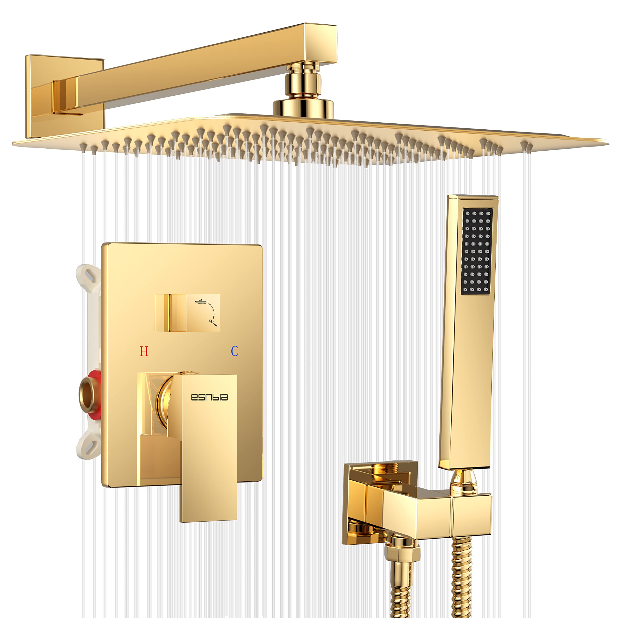 ESNBIA 10 Inch Rain Shower Head with Handheld Combo - Wall Mounted High Pressure Dual Shower System - Polished Gold Bathroom Faucet Set with Valve & Trim - Perfect for Luxurious Spa-Like Showers and Modern Bathroom Upgrades