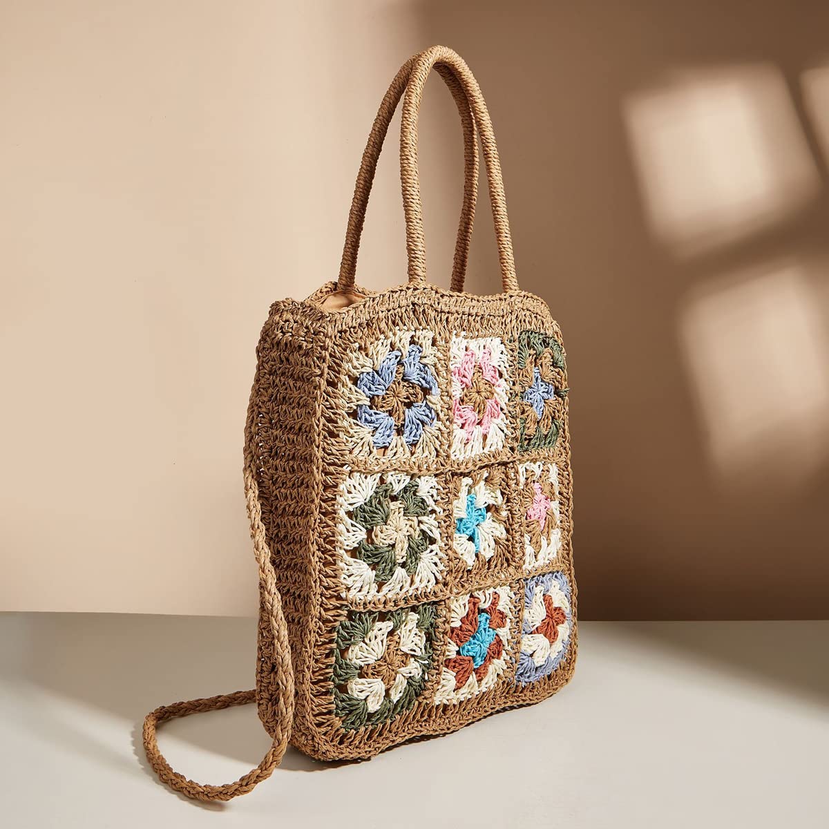 Straw Bag for Women - Hand-Woven Rattan Shoulder Bag & Crossbody Purse - Jiugongge Floral Retro Beach Bag (Khaki) | Perfect for Summer Vacations, Beach Trips & Boho Fashion