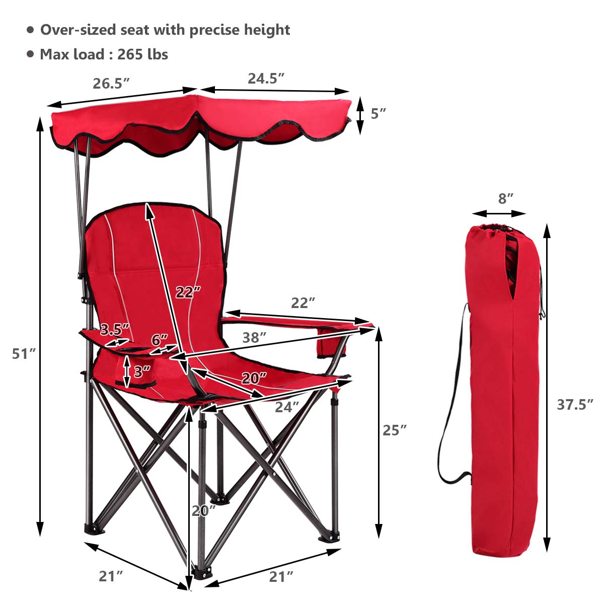 GYMAX Portable Folding Camping Chair with Canopy - Heavy Duty Outdoor Lawn Chair with Carry Bag & Cup Holder - Perfect for Camping, Beach, Picnic, Travel, Soccer Games and Backyard Relaxation