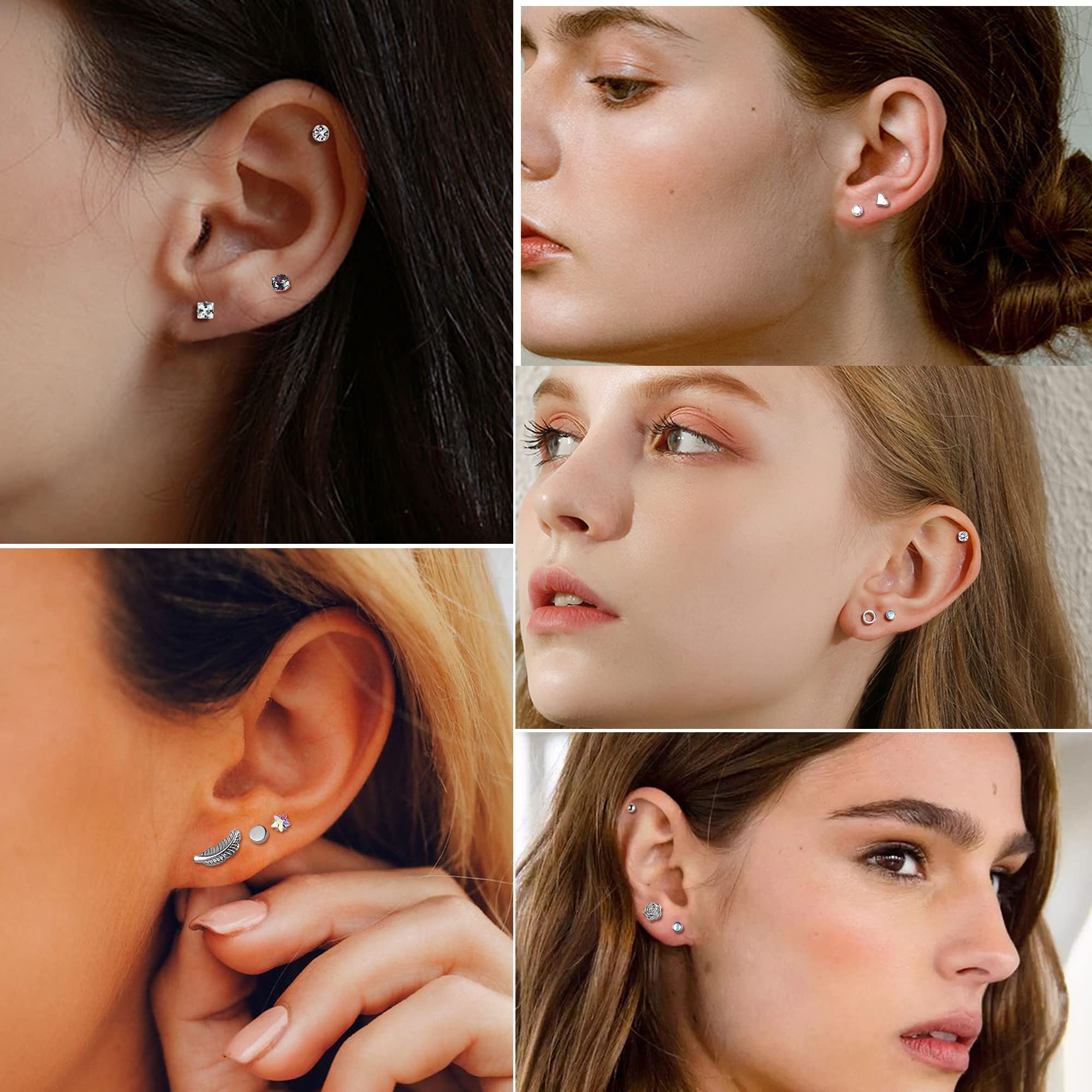 KRFY 24 Pairs Stainless Steel Stud Earrings for Women & Girls - Small Silver Flatback Cubic Zirconia Geometric Studs Set | Perfect for Everyday Wear, Gifts & Special Occasions