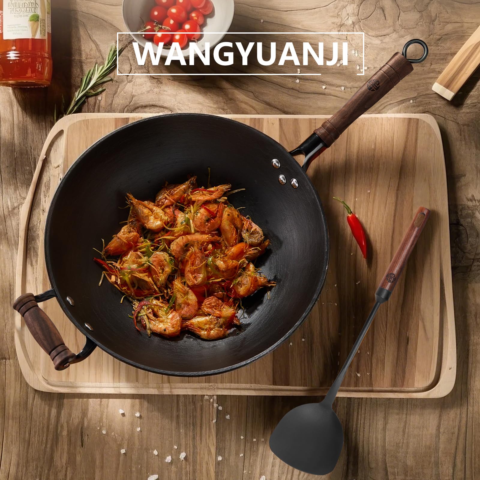 WANGYUANJI 14.2 Inch Cast Iron Wok Pan - Large Flat Bottom Stir Fry Pan with Lid & Wooden Handle - Uncoated Healthy Cooking Pot for Gas, Electric & Induction Stoves - Perfect for Asian Stir-Fry, Deep Frying & Family Meals