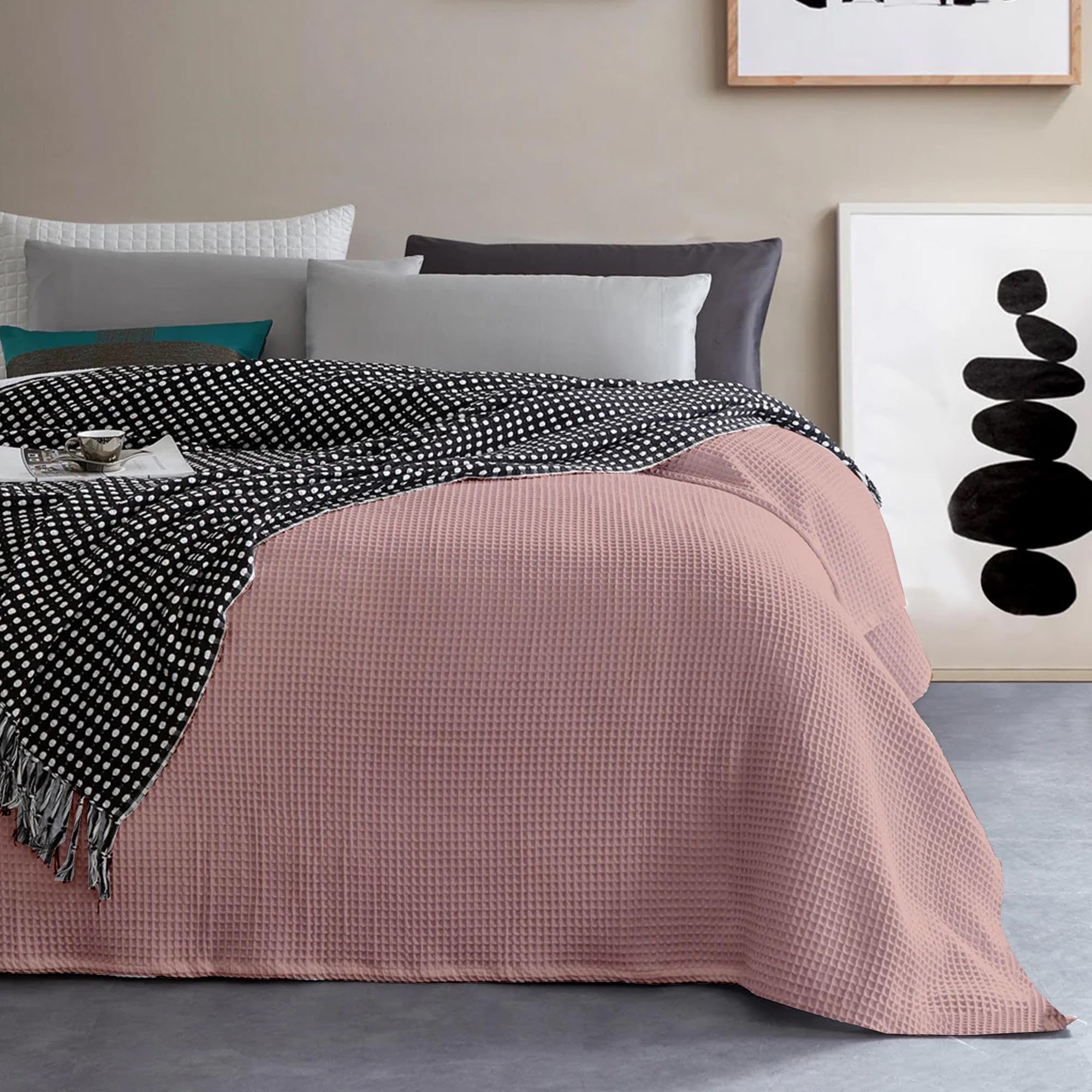100% Cotton Waffle Weave Blanket - Ultra Soft Lightweight Thermal Throw Blanket for Bed, Couch & Travel (Blush Pink, King Size) - Perfect for Cozy Nights, Lounging and Gift Giving
