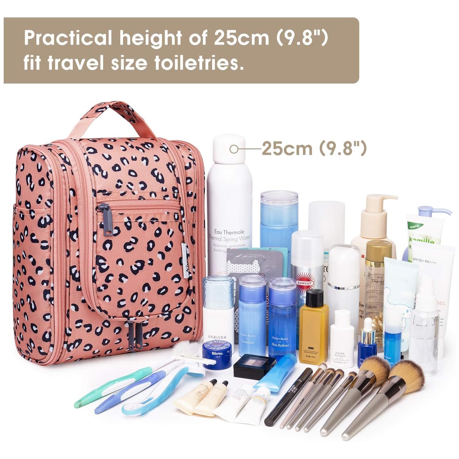 Narwey Small Hanging Cheetah Print Toiletry Bag for Women - Travel Makeup Organizer with Multiple Pockets for Cosmetics & Toiletries (Medium, Orange Leopard) - Perfect for Vacation, Gym & Weekend Getaways