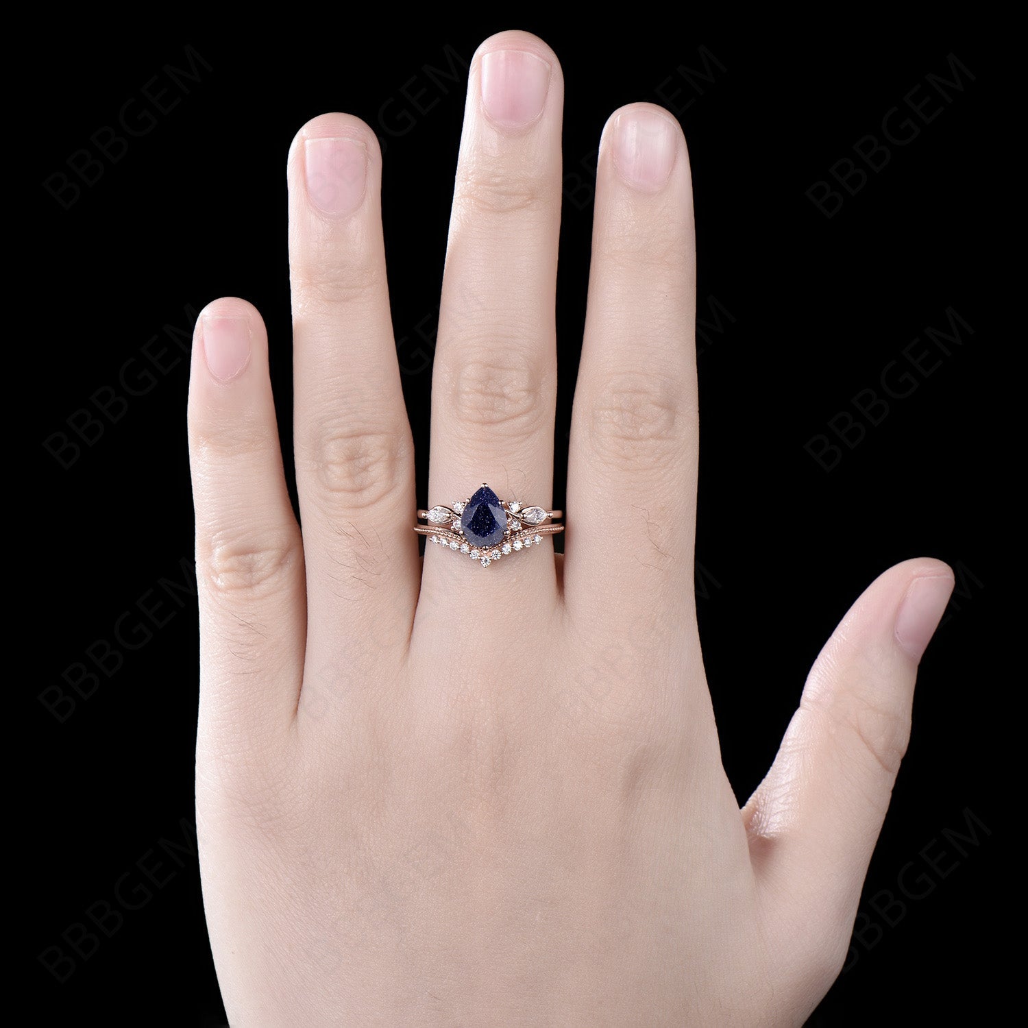 Blue Sandstone Teardrop Ring Set - 7 Stone Cluster Ring with Milgrain Detailing for Women | Perfect for Weddings, Parties & Everyday Elegance