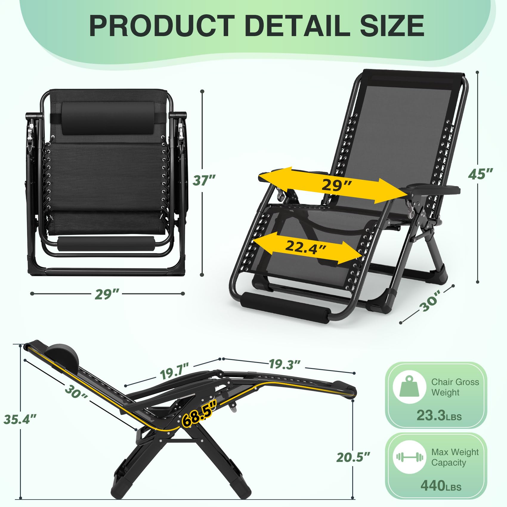 Suteck Oversized Zero Gravity Chair - 29In XL Lounge Chair with Removable Cushion & Headrest, Heavy Duty Reclining Camping Chair with Upgraded Lock & Footrest - Perfect for Patio, Backyard, Poolside, Beach & Outdoor Relaxation
