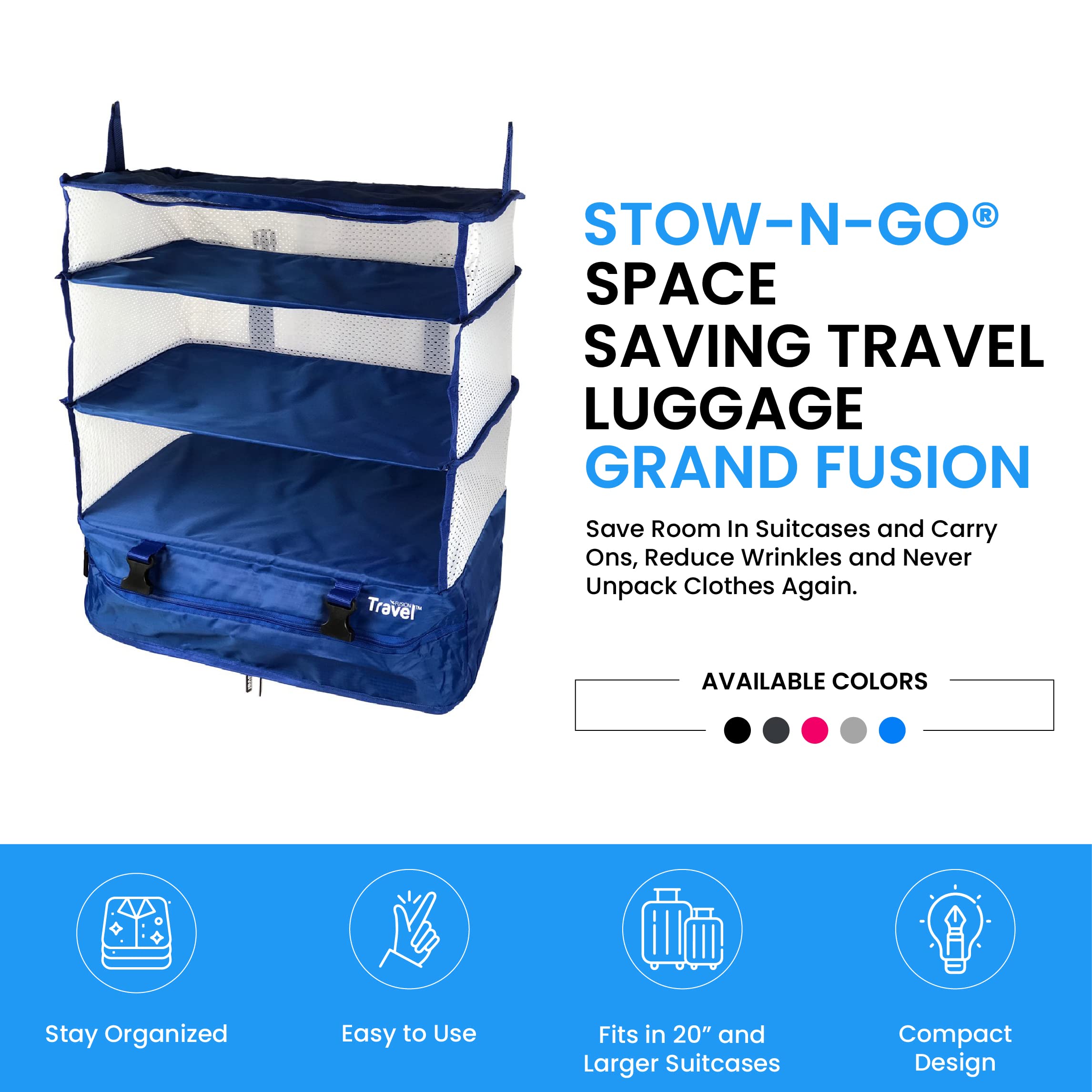 Grand Fusion Stow-N-Go Portable Hanging Travel Shelves - Expandable Packing Organizer for Luggage & Carry-On Closet | Space-Saving Clothes Storage Solution | Perfect for Business Trips, Vacations & Weekend Getaways (Blue, XL 17.7