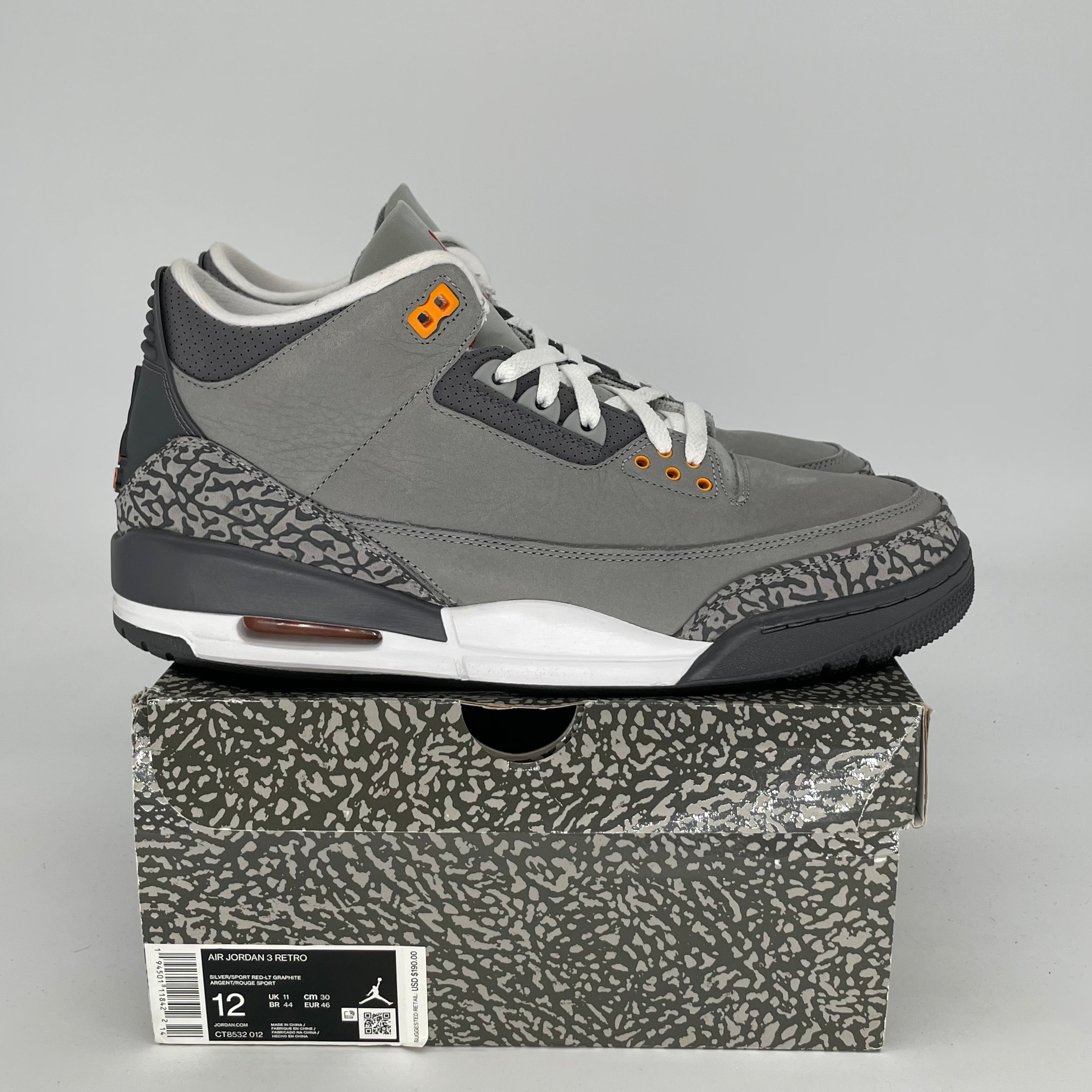 AIR JORDAN 3 Retro Cool Grey Men's Basketball Shoes Size 12 (CT8532-012) - Perfect for Streetwear, Sneaker Collecting & Casual Wear