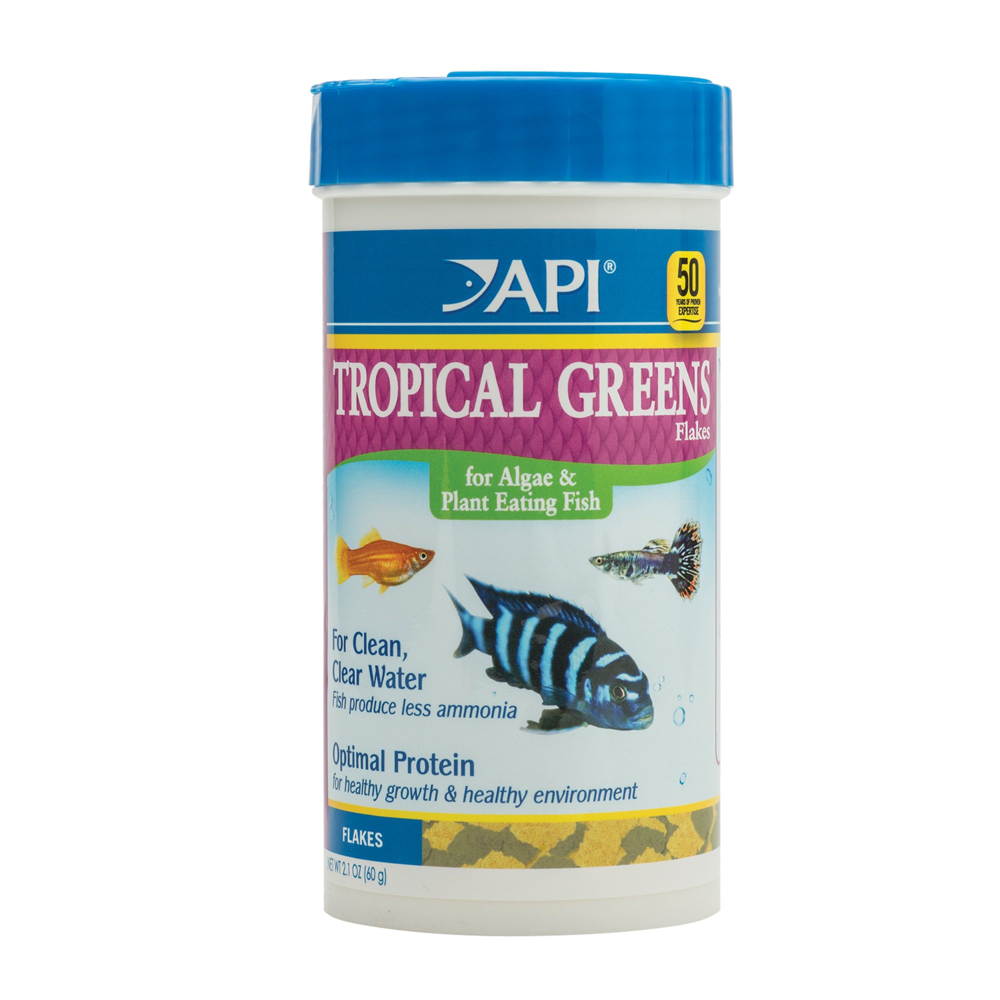 API TROPICAL GREENS FLAKES Fish Food - Premium Tropical Fish Greens Flakes for Freshwater & Saltwater Aquariums - 2.1-Ounce Container - Ideal for Guppies, Tetras, Angelfish & More