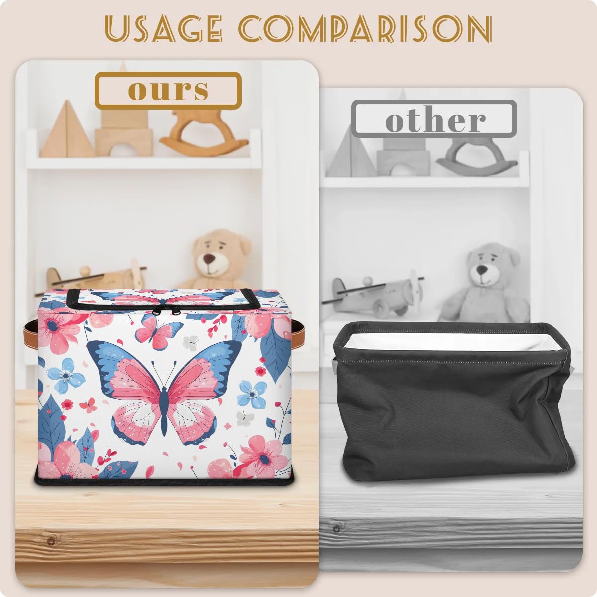 2-Pack Stackable Storage Bins with Zipper Lid & Metal Frame - Butterfly Flower Design Closet Organizer Cubes with PU Handles | Perfect for Clothes, Toys, and Home Organization