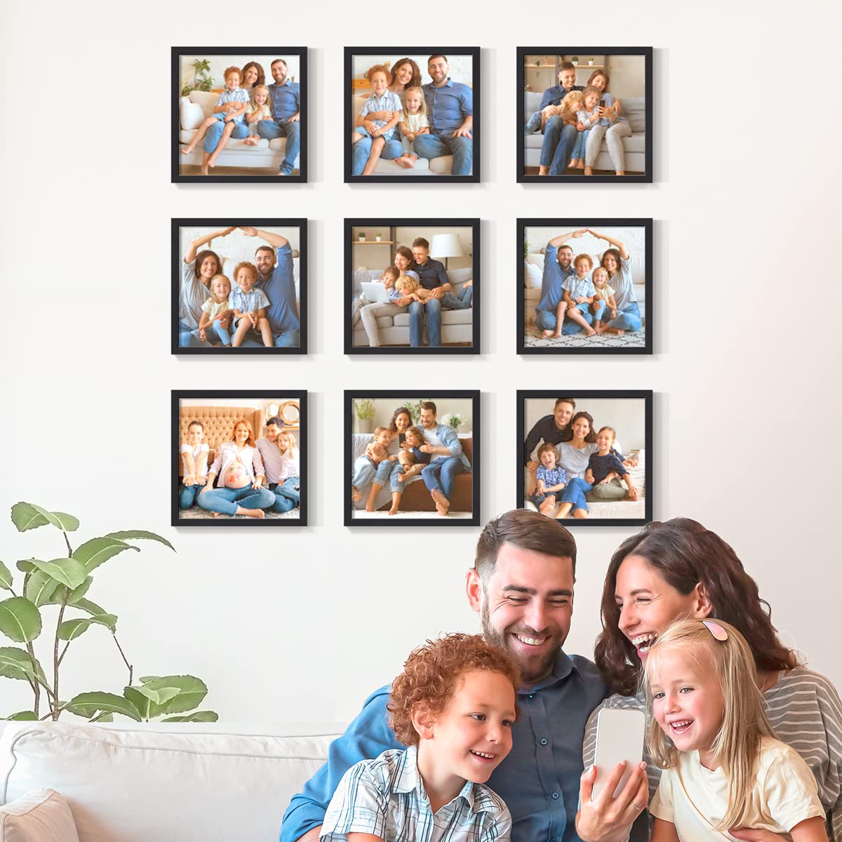 Set of 9 Custom 8x8 Photo Prints with Real Wood Picture Frames - Personalized Collage Kit with Peel & Stick Black Frames for Wall Decor | Perfect for Living Room, Bedroom, or Office Display