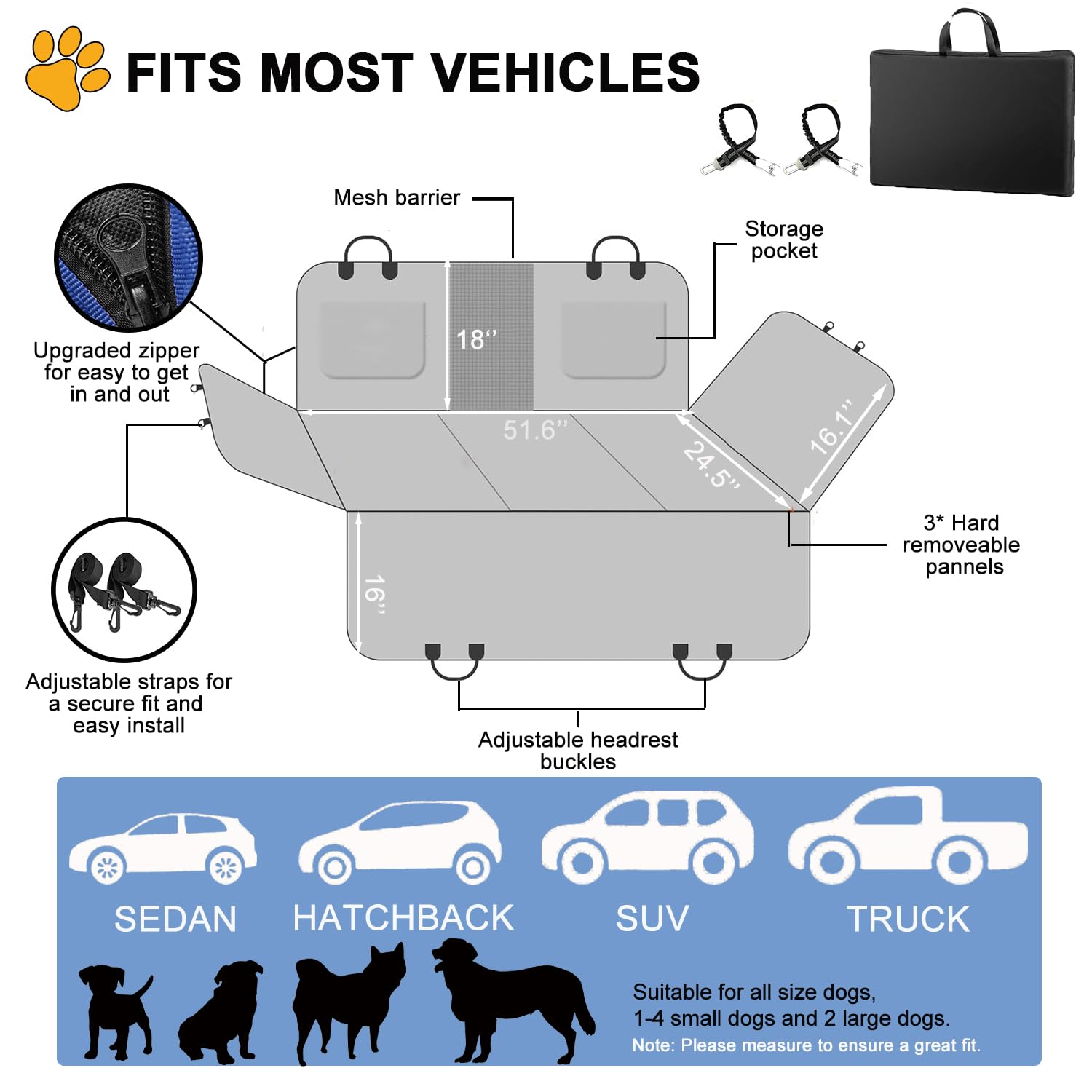 Durable Waterproof Dog Car Seat Cover for Back Seat - Non-Slip Pet Hammock with Mesh Window & Hard Bottom - Universal Fit for Cars, Trucks, SUVs (Small, Medium, Large Dogs) - Perfect for Road Trips & Daily Commutes