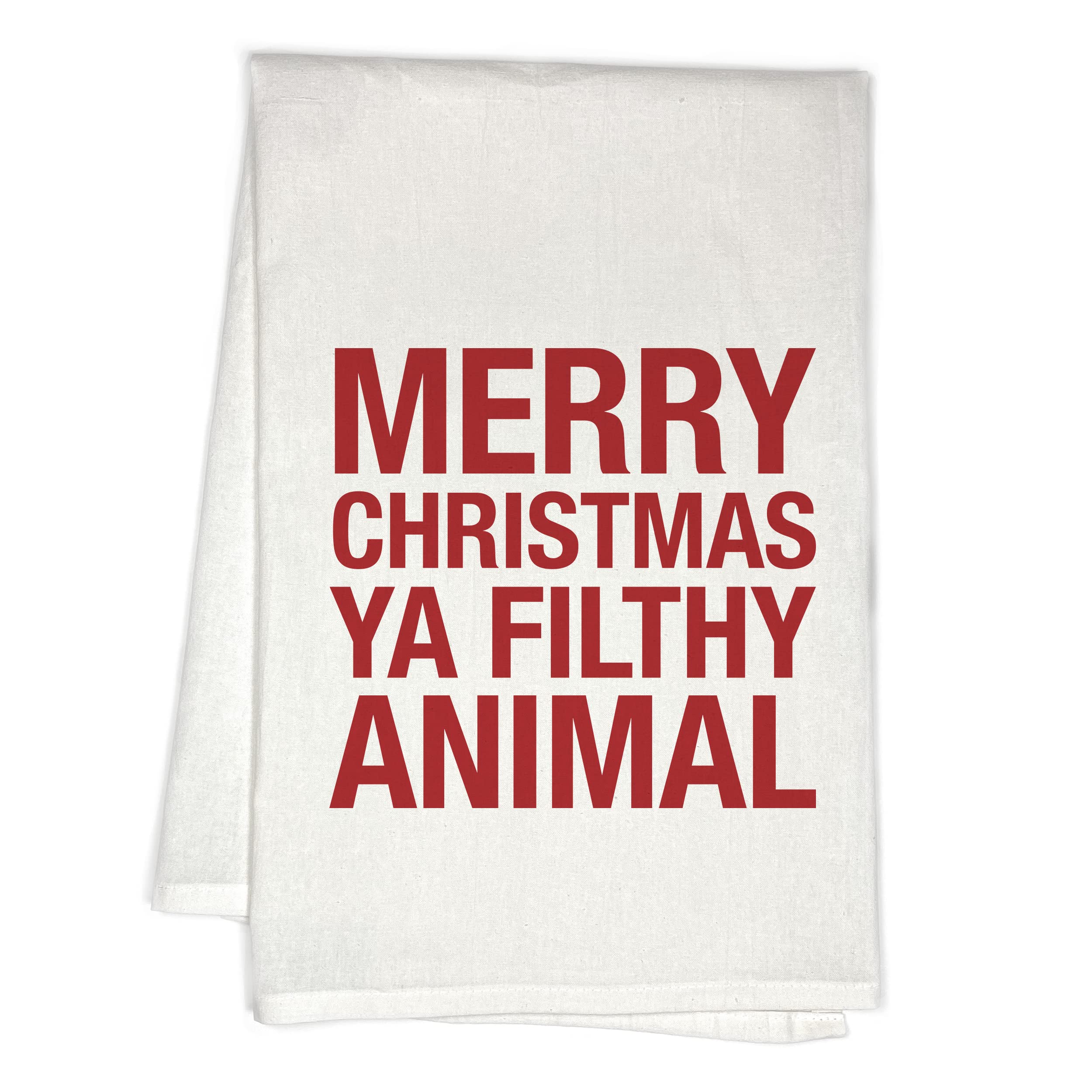 Christmas Kitchen Towel - Funny Holiday Dish Towel with 'Merry Christmas Ya Filthy Animal' Print - White Cotton Tea Towel for Holiday Decor, Gift Giving & Festive Kitchen Use