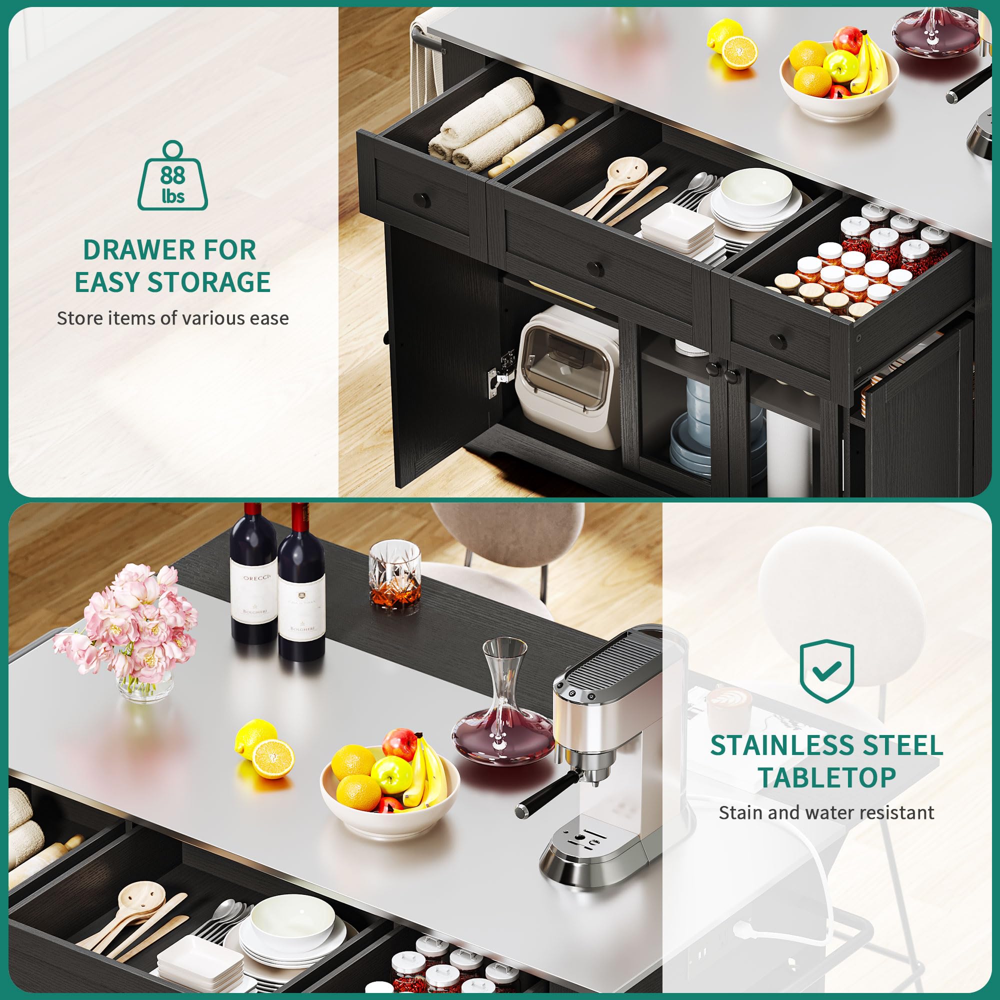 YITAHOME 60 Inch Kitchen Island with Stainless Steel Top & Power Outlet - Mobile Kitchen Cart with Drop Leaf, Storage Drawers & Wheels - Black Metal Countertop Island for Small Spaces & Apartment Cooking - Perfect for Meal Prep, Baking & Extra Counter Space