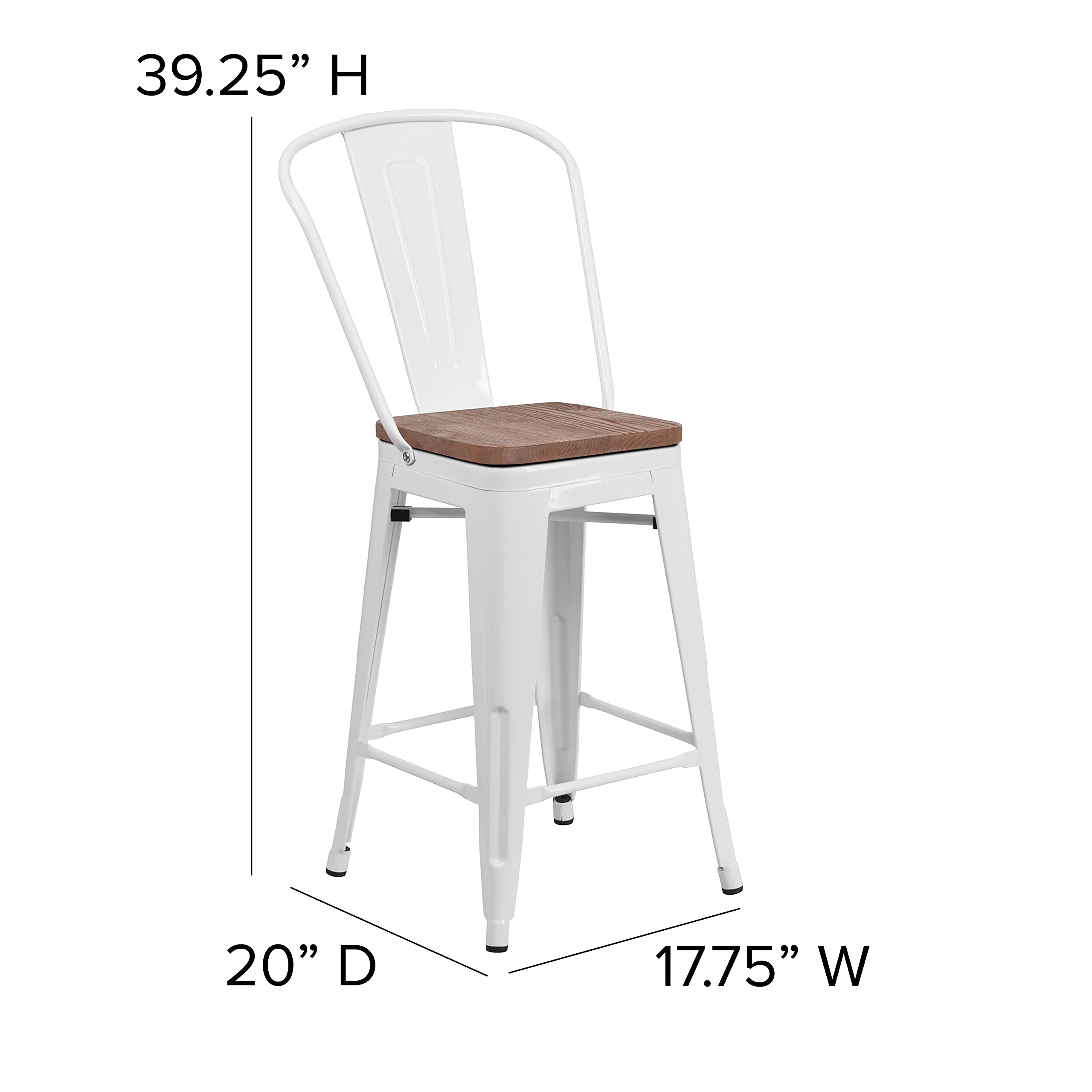 EMMA & OLIVER 24 Inch White Metal Counter Height Bar Stool with Wood Seat & Back Support - Perfect for Kitchen Islands, Breakfast Bars & Dining Tables