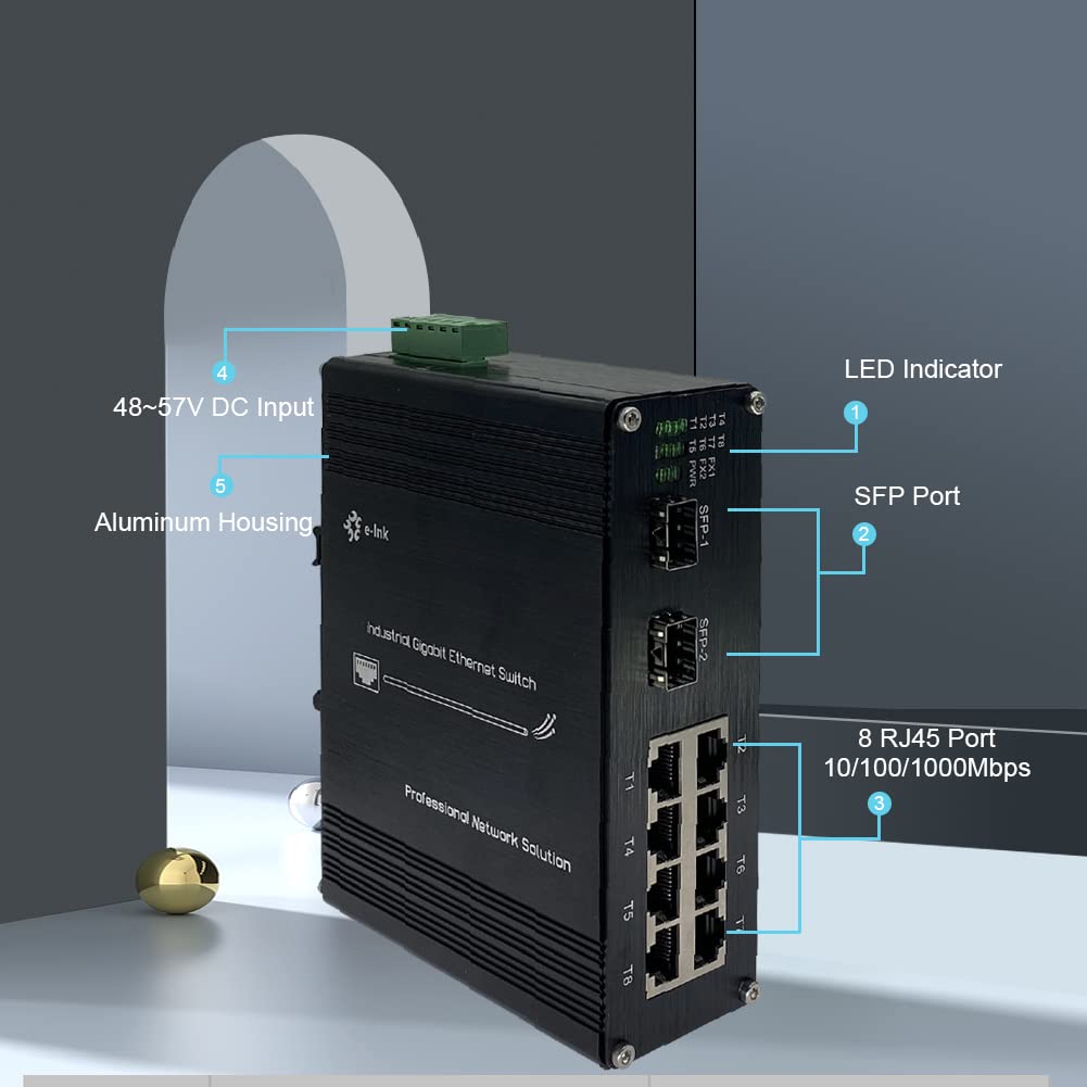 Industrial 8 Port Gigabit Ethernet POE+ Switch | DIN Rail Mount | Unmanaged 10/100/1000Mbps | 2 SFP Slots | Rugged Network Solution for Factory Automation & IP Surveillance Systems