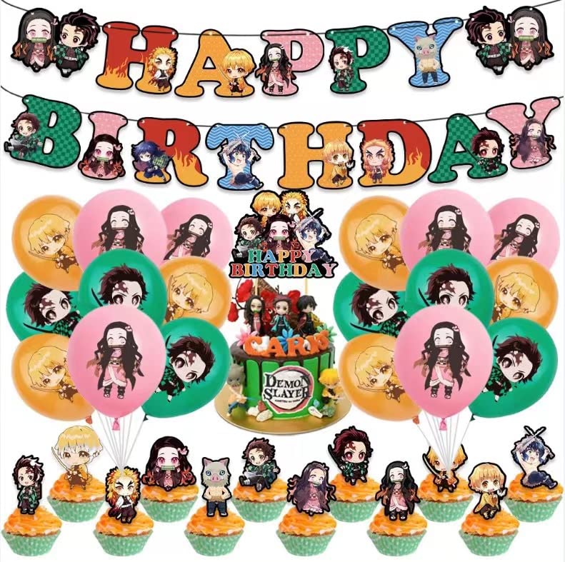 Demon Anime Party Decorations Kit - Happy Birthday Balloons, Banner & Supplies for Kids | Perfect for Halloween, Cosplay & Anime-Themed Parties (SR-Demon)