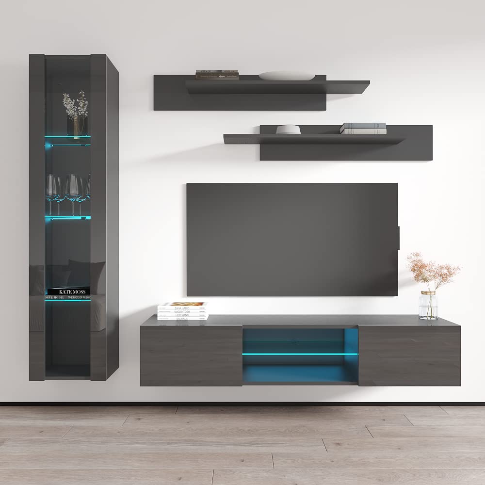 Modern G2 Gray Wall-Mounted TV Stand with Storage Shelves & LED Lights - Meble Fly G 33 Entertainment Center Console for Living Room & Bedroom - Perfect for Movie Nights, Gaming Setup and Space-Saving Home Decor