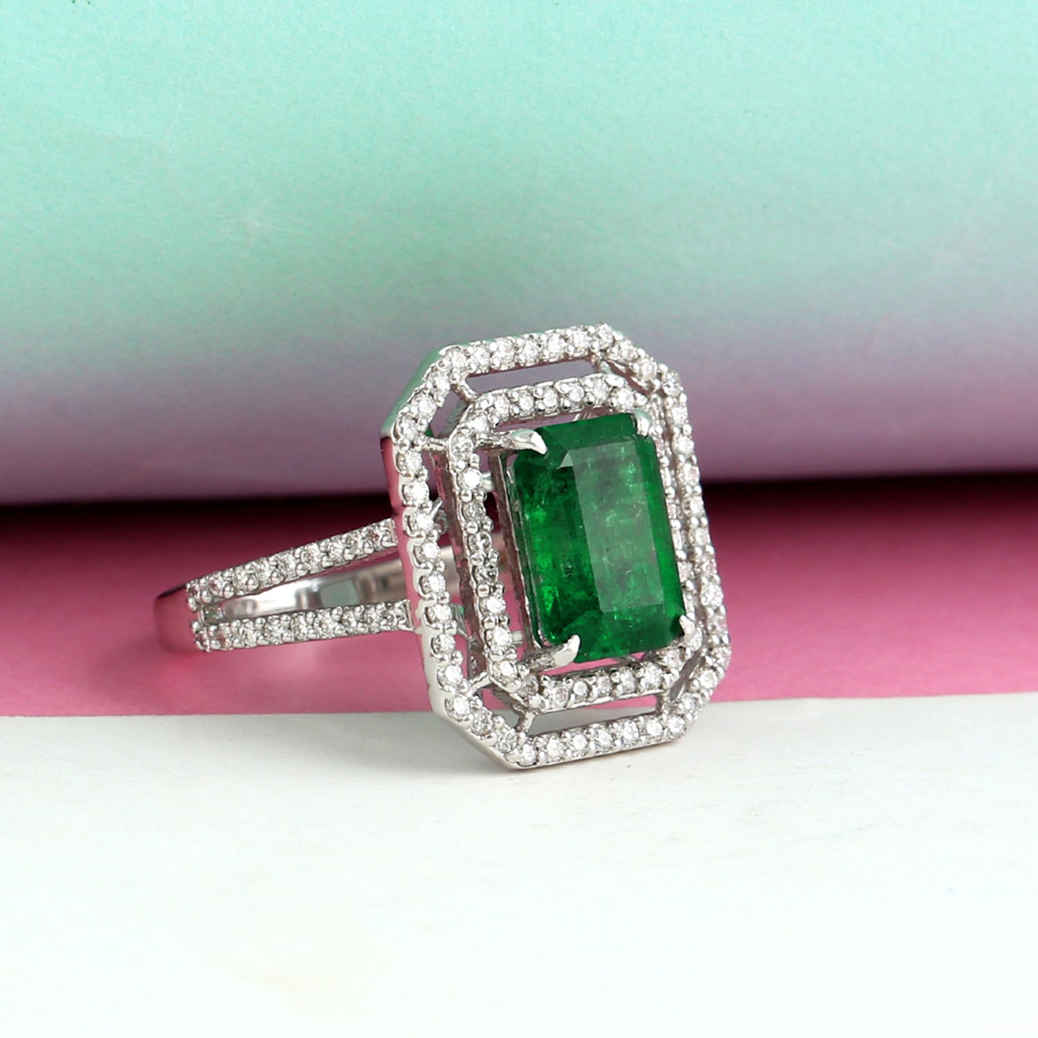 14K White Gold Emerald Cut May Birthstone Ring with Pave Diamond Accents - Perfect for Birthdays, Anniversaries & Special Occasions