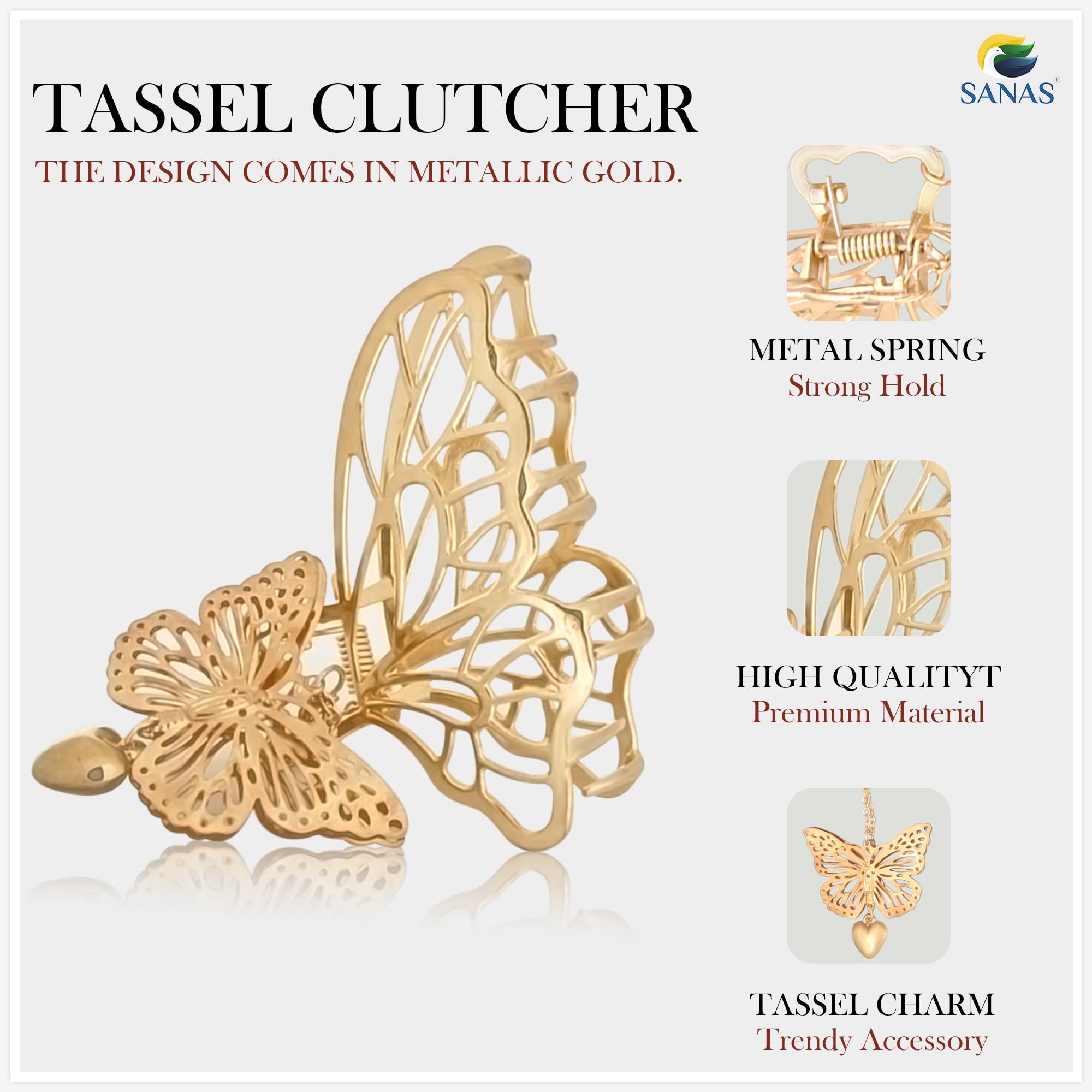 Sanas 2-Piece Pearl & Tassel Hair Clips for Women - Gold Metal Claw Clips, Butterfly Hair Clutchers - Elegant Hair Accessories for Girls & Women | Perfect for Parties, Weddings & Everyday Styling
