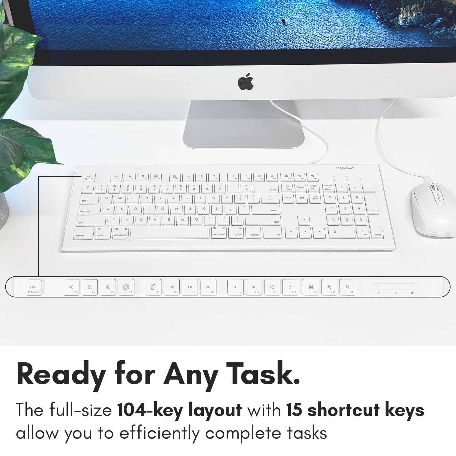 Macally USB Wired Keyboard for Mac/PC - 15 Shortcut Keys for MacBook & iMac - Home & Office Use