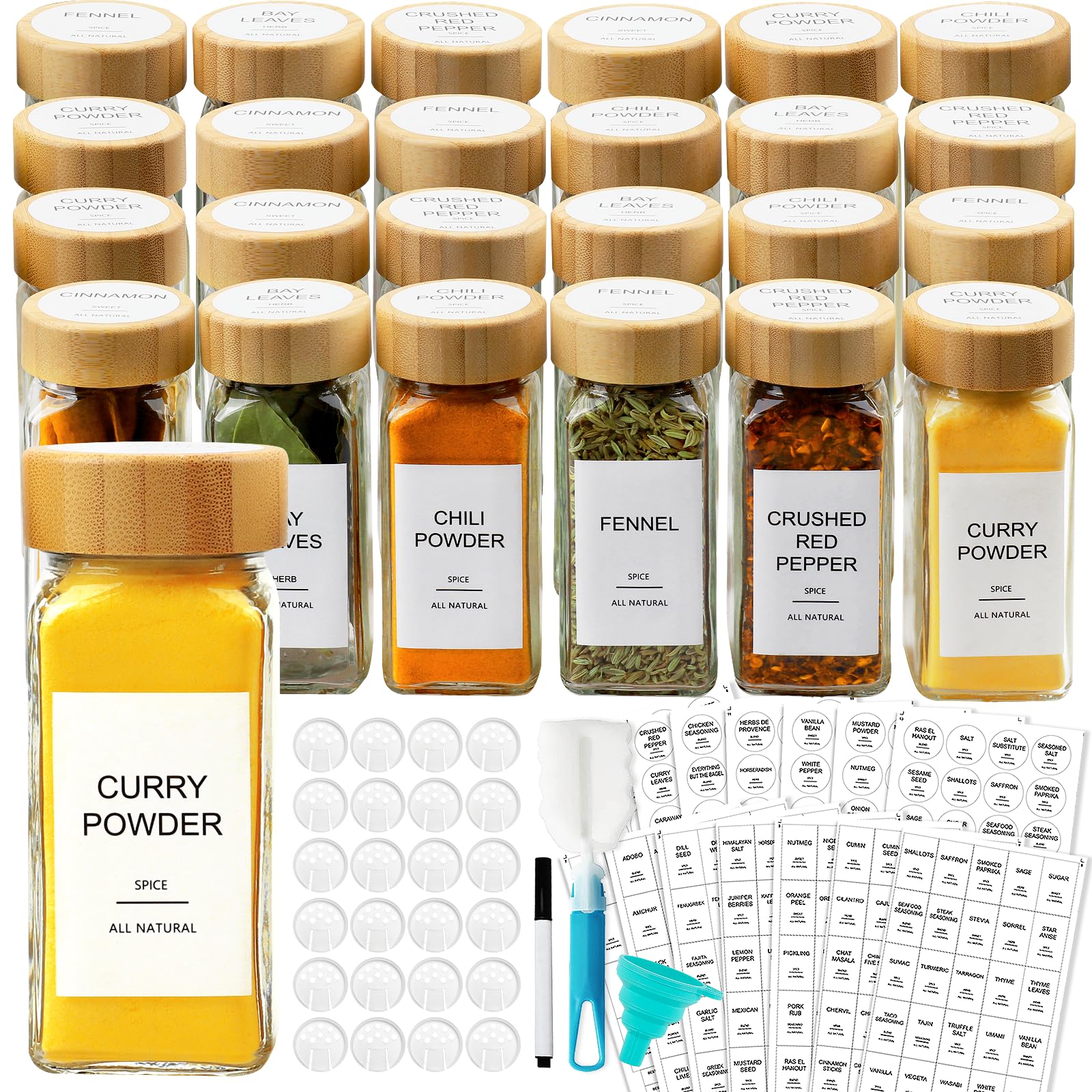 AISIPRIN 24-Piece 4oz Glass Spice Jars with 398 Labels - Square Spice Containers with Bamboo & Shaker Lids - Perfect for Kitchen Cabinet, Pantry Organization & Spice Rack Storage - Ideal for Home Chefs & Seasoning Enthusiasts