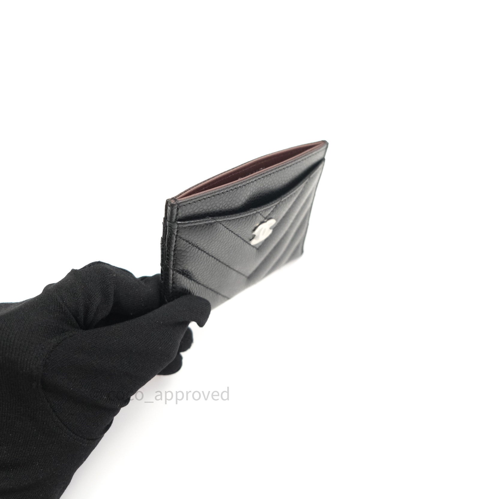 Chanel Classic Chevron Black Caviar Silver Hardware Flat Card Holder - Luxury Women's Wallet for Everyday Use & Travel Essentials