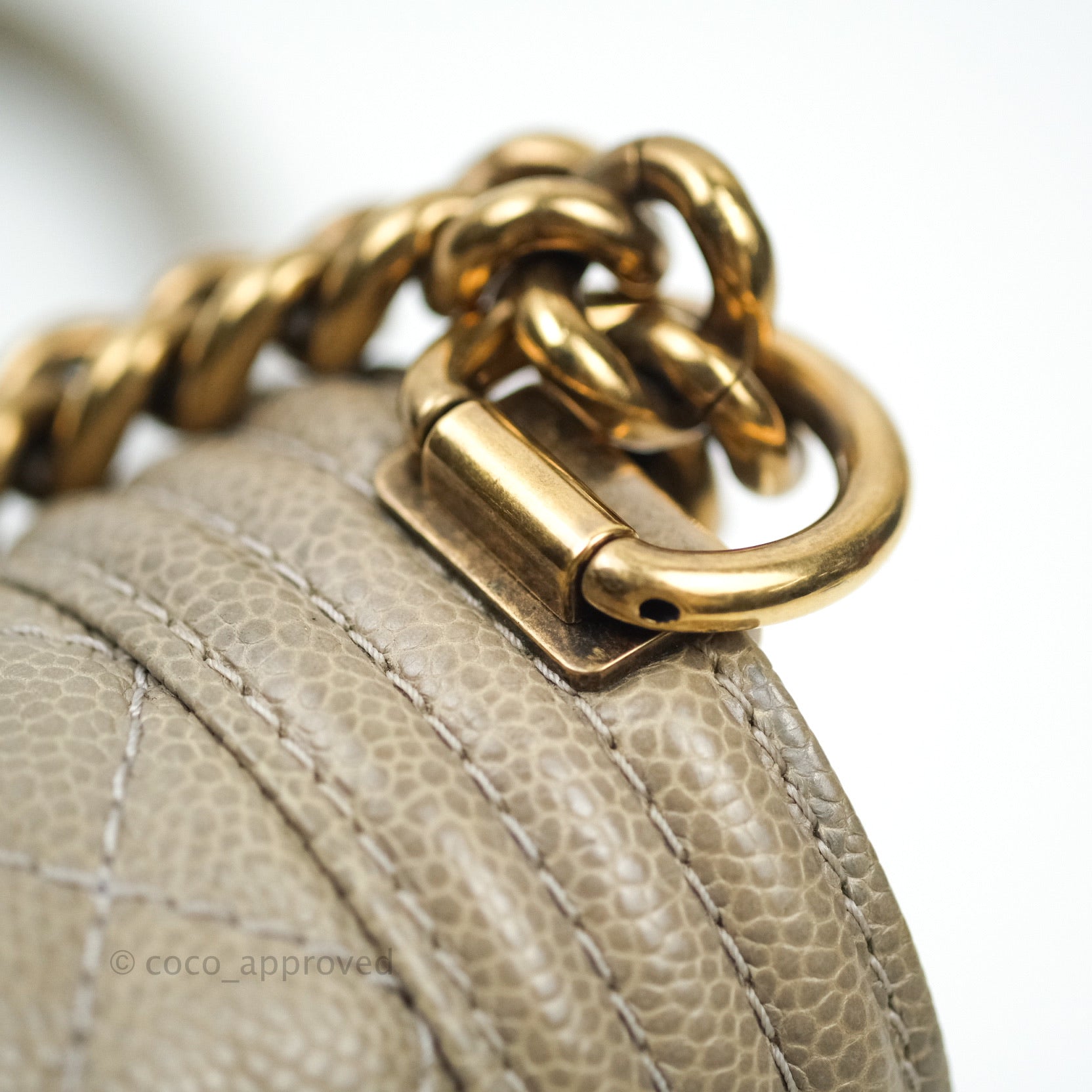Chanel Boy Quilted Medium Handbag in Taupe Grey Caviar Leather with Gold Hardware - Perfect for Work, Evening Events & Luxury Fashion Accessories