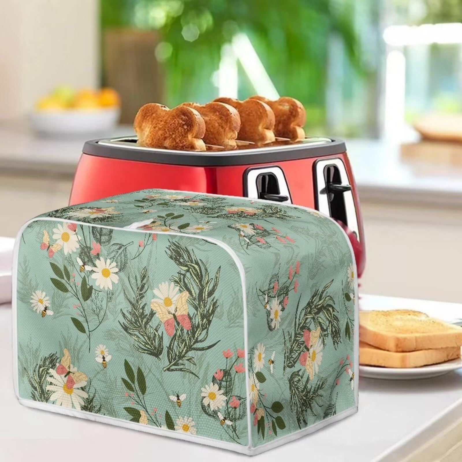 4-Slice Toaster Cover with Handle - Stain Resistant Dustproof Microwave & Toaster Oven Protector - Daisy Bee Leaf Blue Design - Perfect for Kitchen Countertop Protection & Small Appliance Storage