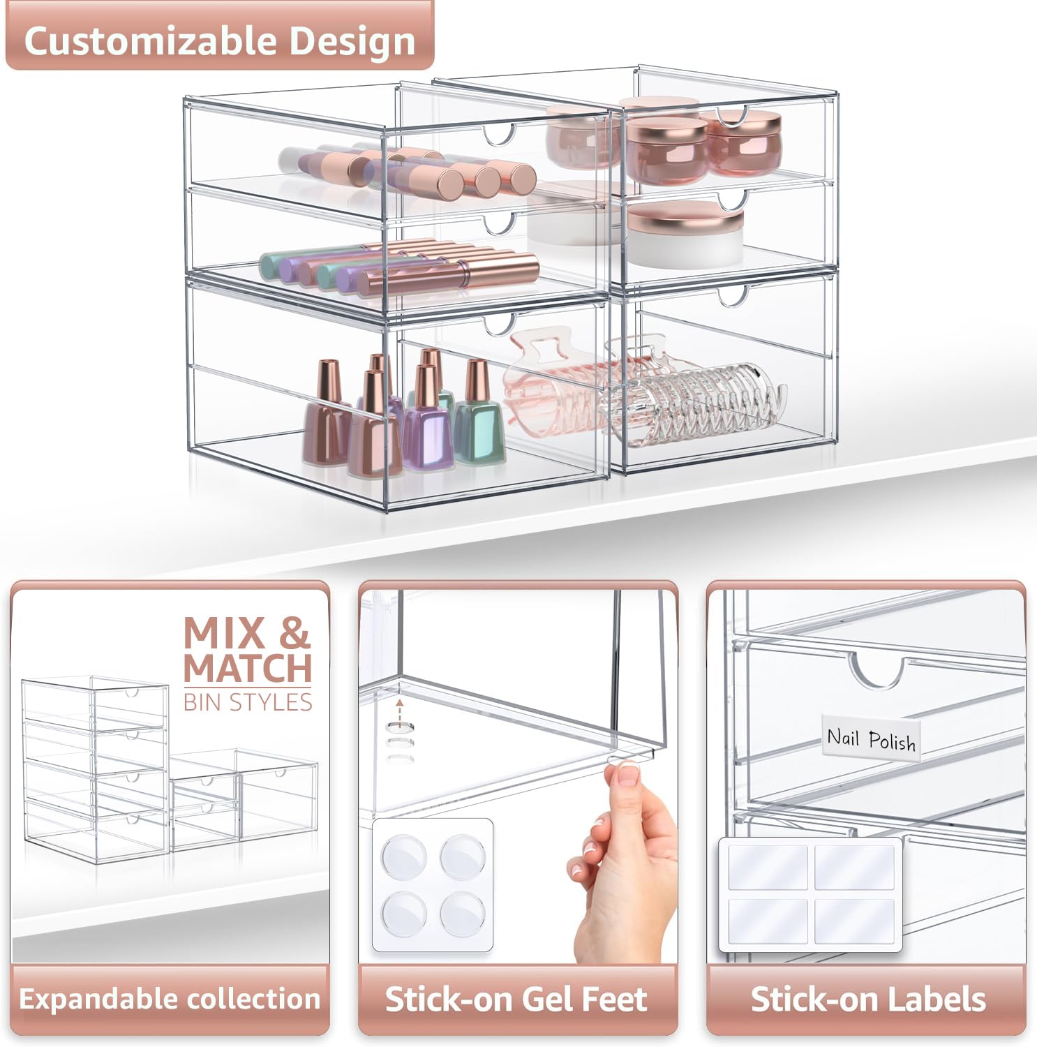 Sorbus 6-Drawer Acrylic Makeup Organizer - Stackable Storage Bins for Cosmetics, Office Supplies, Jewelry & Art Materials - Clear Plastic Drawers for Vanity, Desk & Bathroom Organization (4-Piece Set)