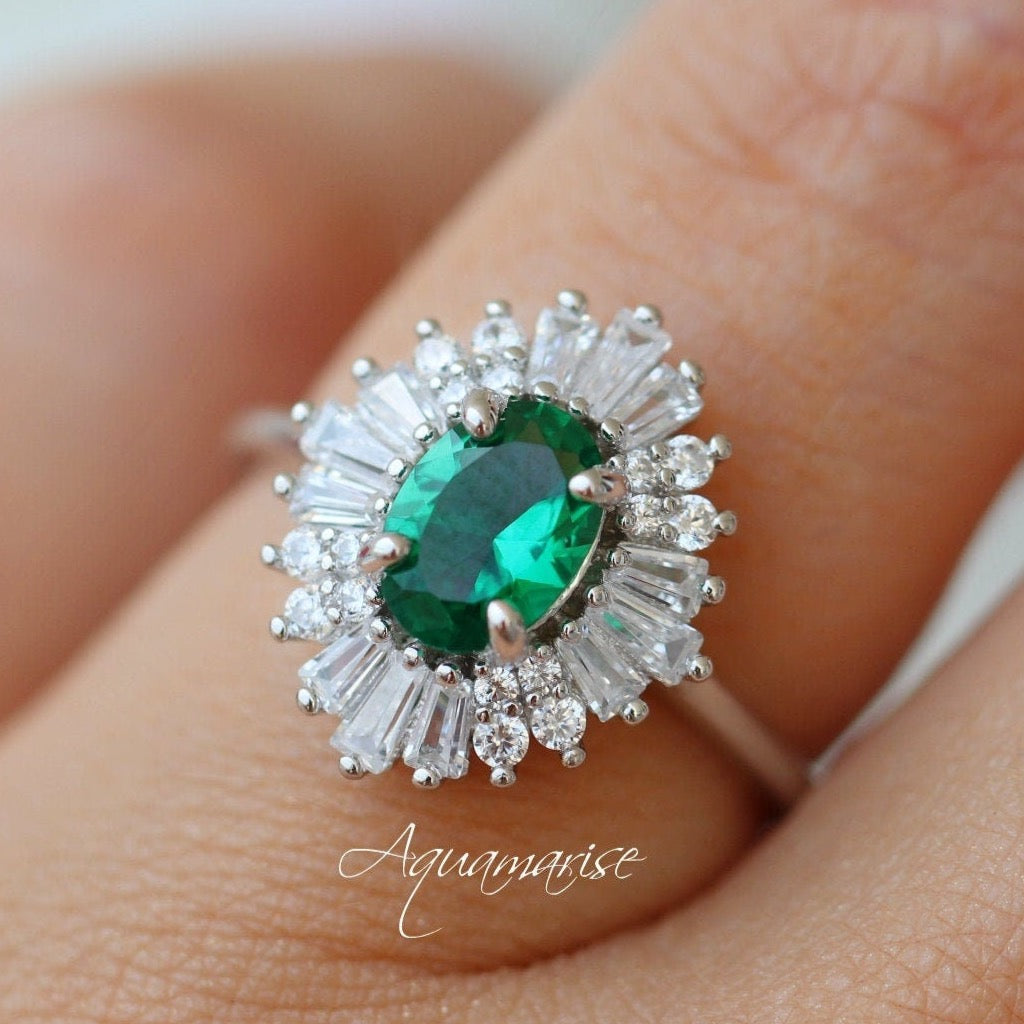 Victoria Emerald Ring Sterling Silver - Elegant Green Gemstone Jewelry for Women, Perfect for Engagement, Wedding & Special Occasions