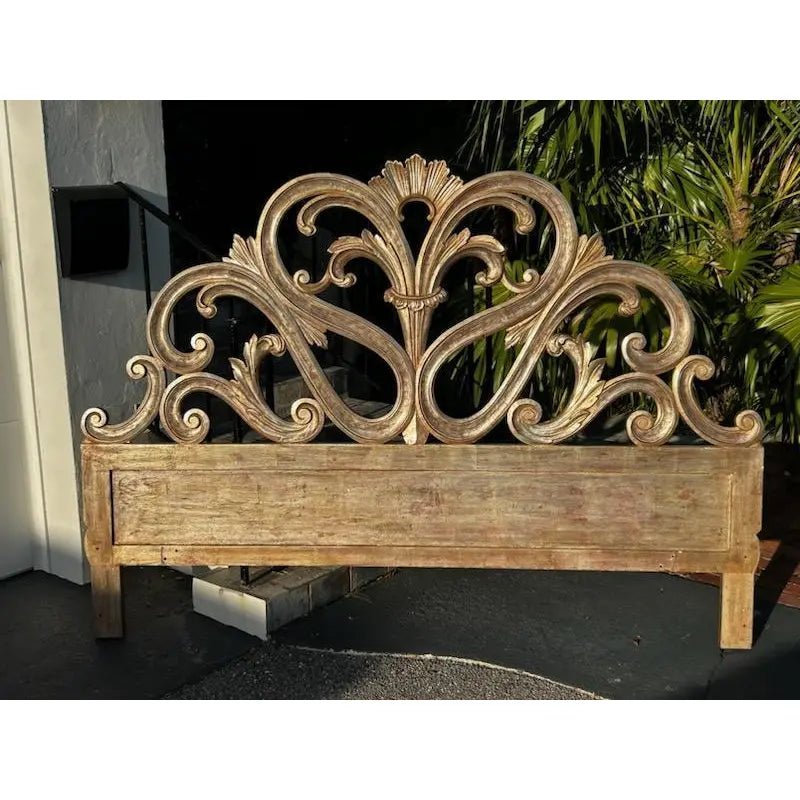 Hand Carved Leaf Design Wooden Headboard - Queen Size Bed Frame for Master Bedroom & Guest Room Decor