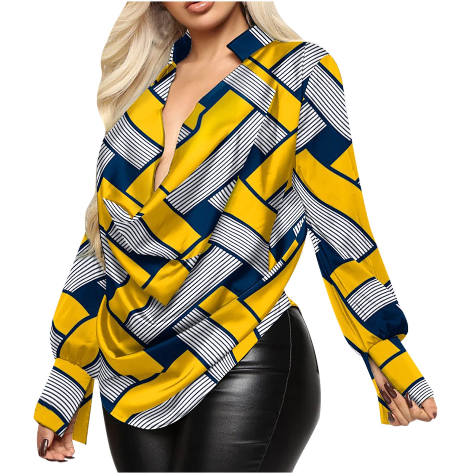 Sexy Low Cut Striped T-Shirts for Women - Colorblock Relaxed Fit Long Sleeve V-Neck Spandex Blouse | Perfect for Date Night, Club Outfits & Casual Chic Looks