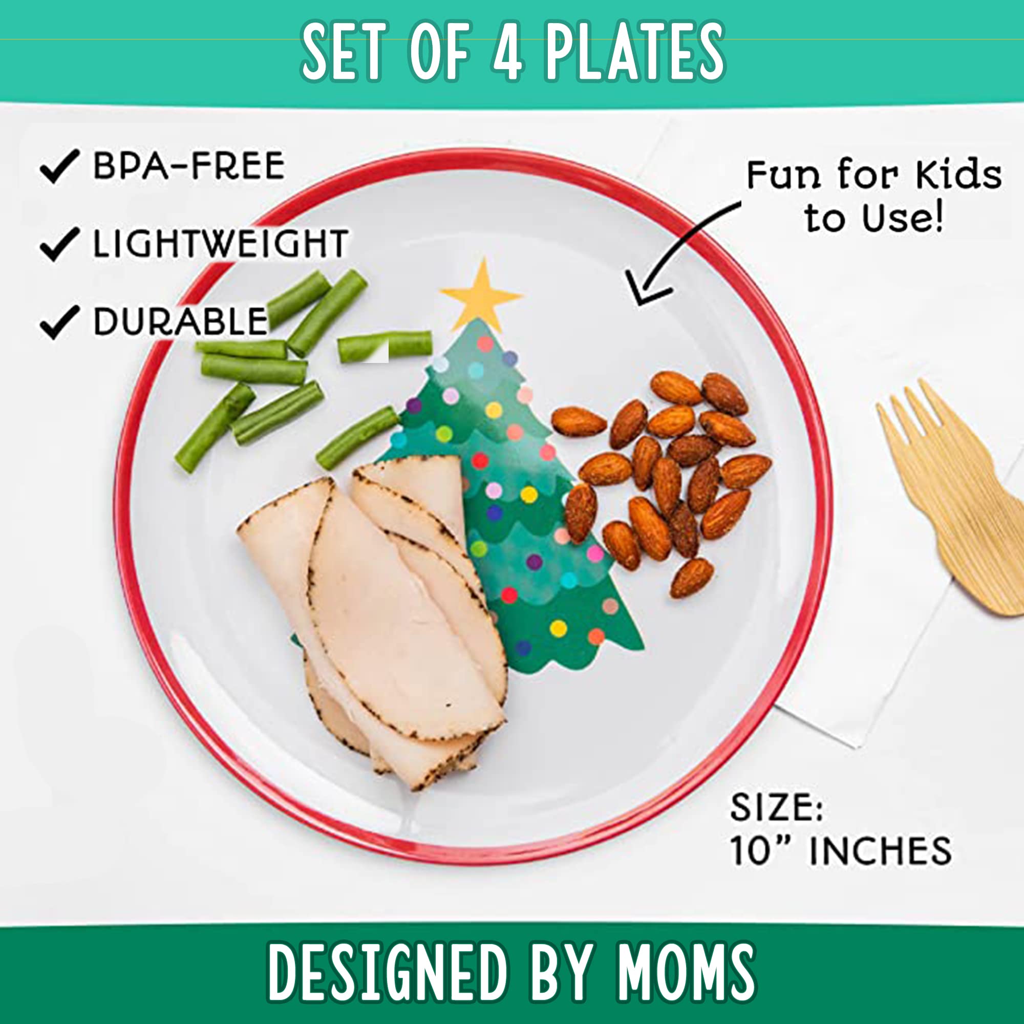 Tiny Expressions – 4-Piece Kids Holiday Plates Set with Colorful Christmas Tree Design | Durable Melamine Dinnerware for Children | Perfect for Christmas Parties, Family Gatherings & Festive Meals